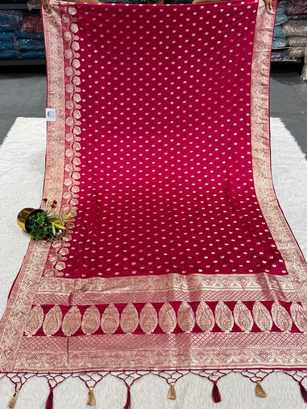 Premium Satin Embroidered Saree with Zari Border & Tassel Pallu – Shagun Sarees Exclusive ✨