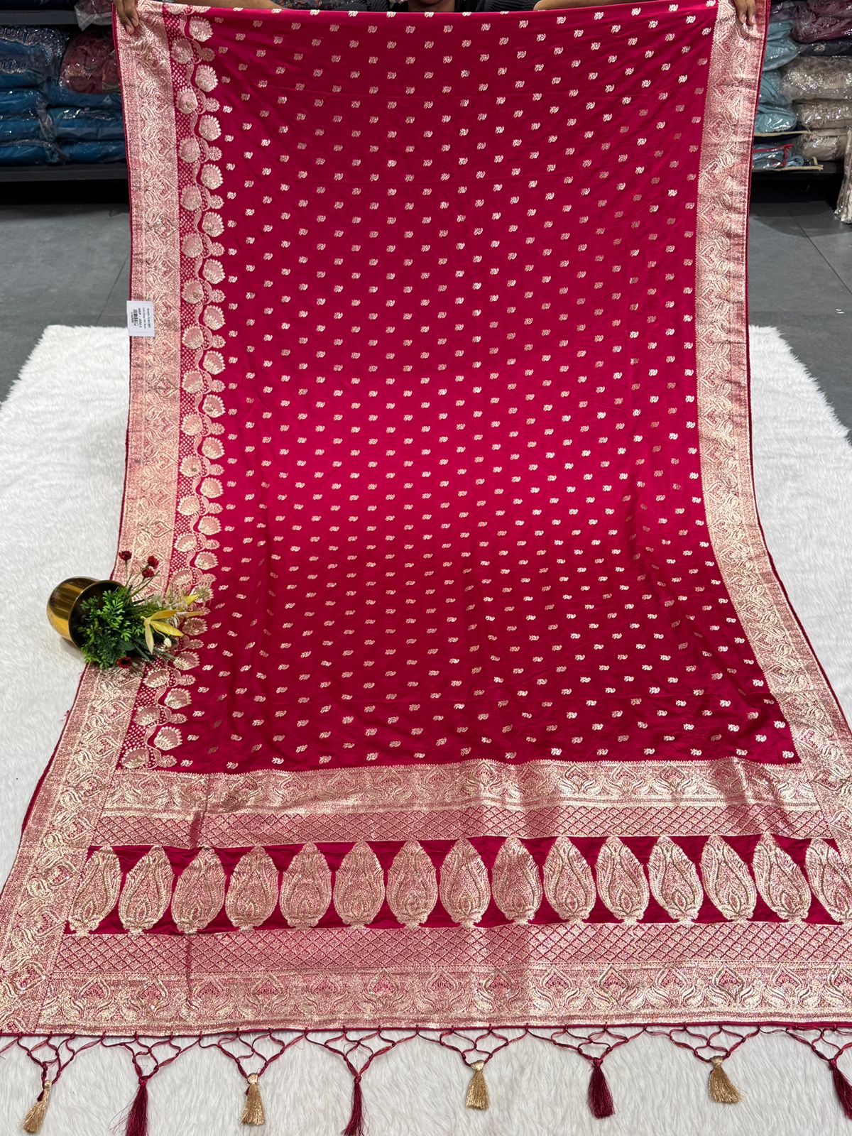 Premium Satin Embroidered Saree with Zari Border & Tassel Pallu – Shagun Sarees Exclusive ✨