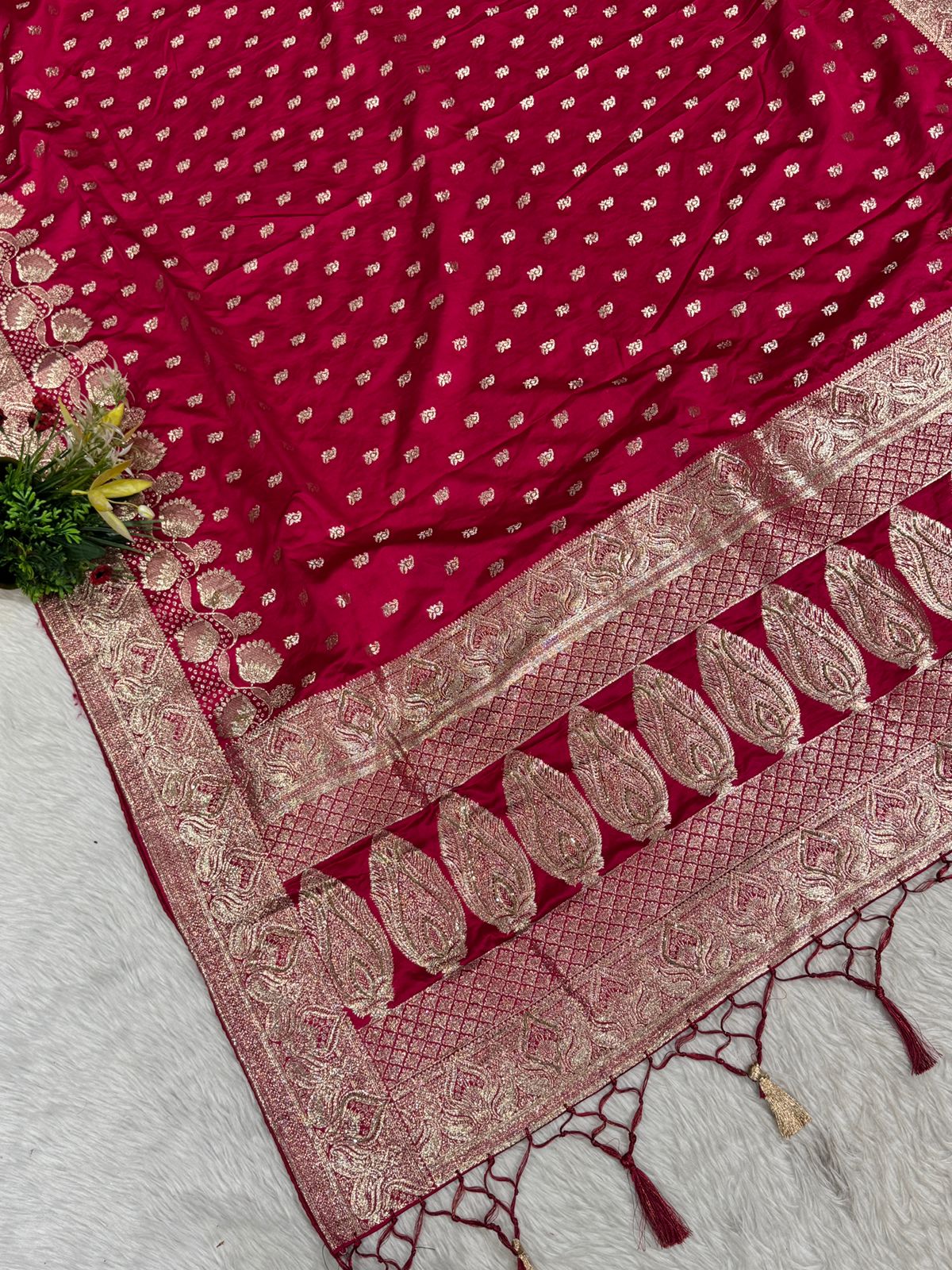 Premium Satin Embroidered Saree with Zari Border & Tassel Pallu – Shagun Sarees Exclusive ✨