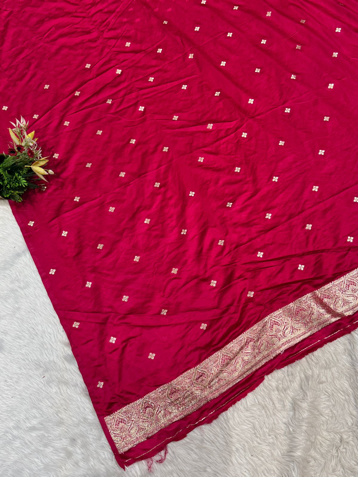 Premium Satin Embroidered Saree with Zari Border & Tassel Pallu – Shagun Sarees Exclusive ✨