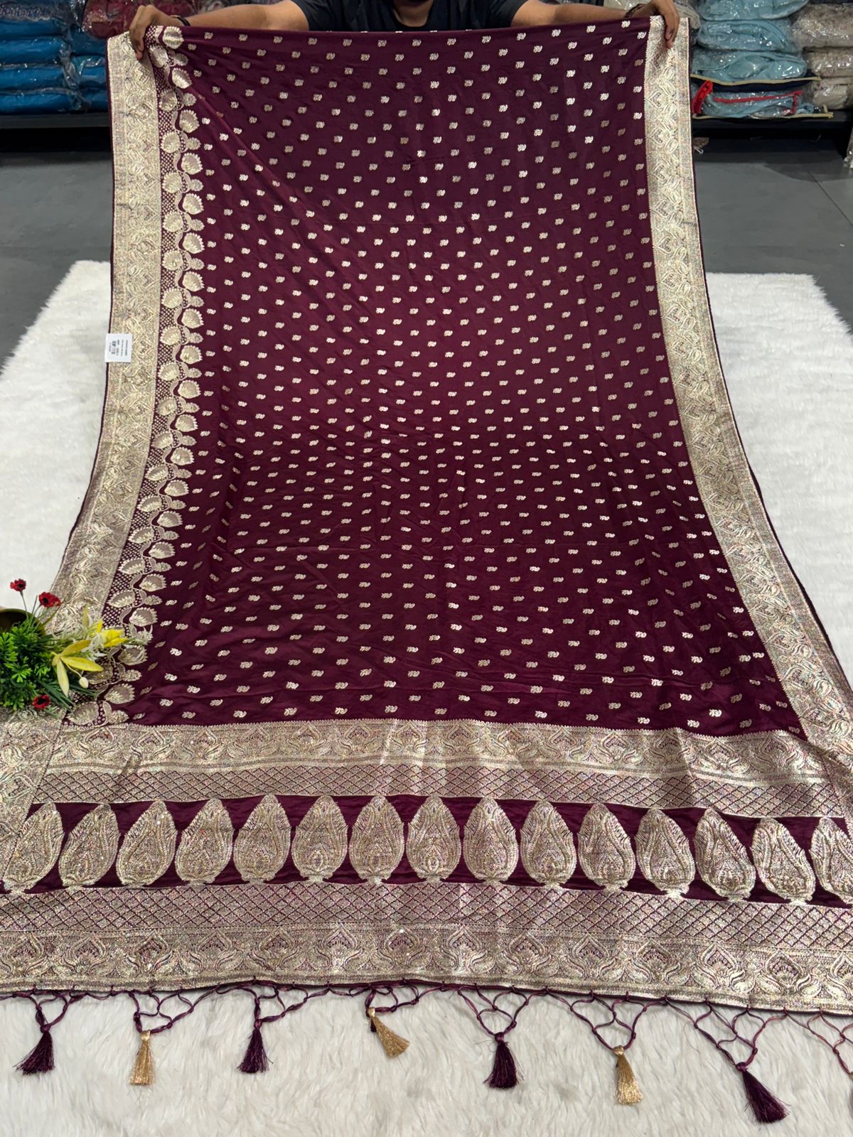 Premium Satin Embroidered Saree with Zari Border & Tassel Pallu – Shagun Sarees Exclusive ✨