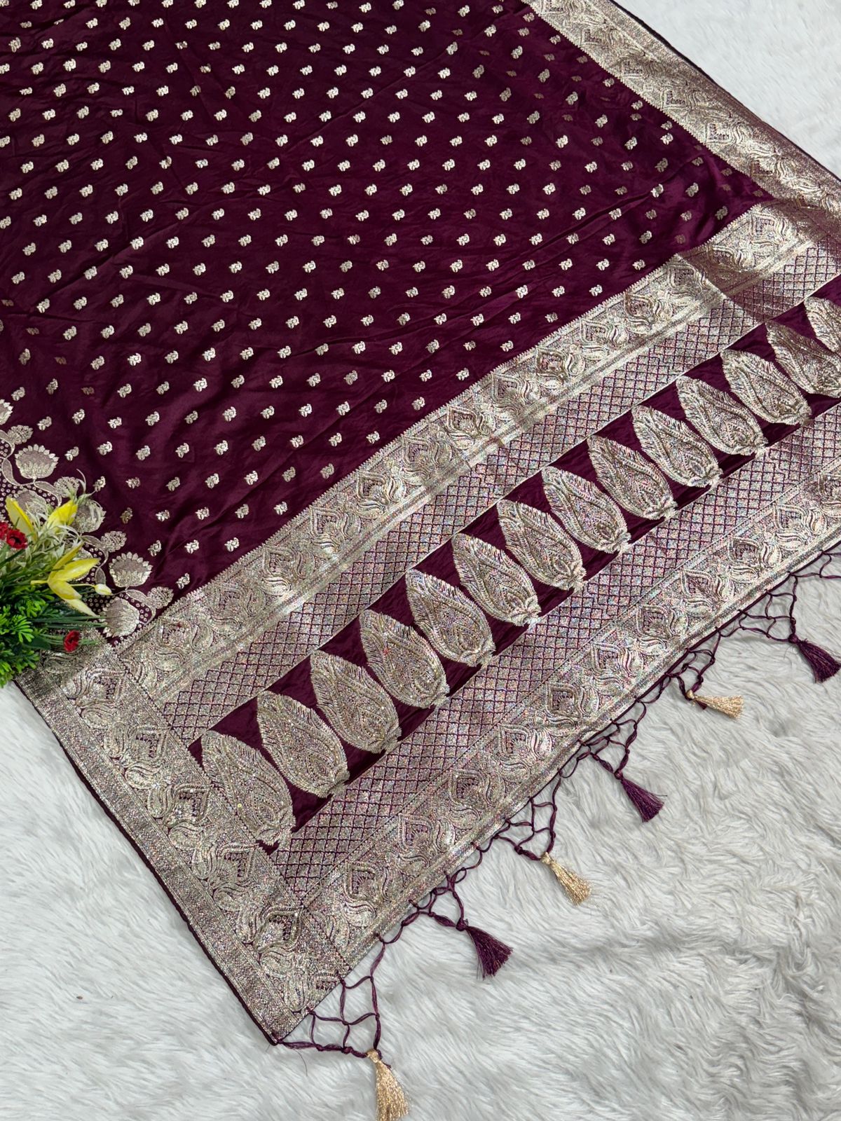 Premium Satin Embroidered Saree with Zari Border & Tassel Pallu – Shagun Sarees Exclusive ✨