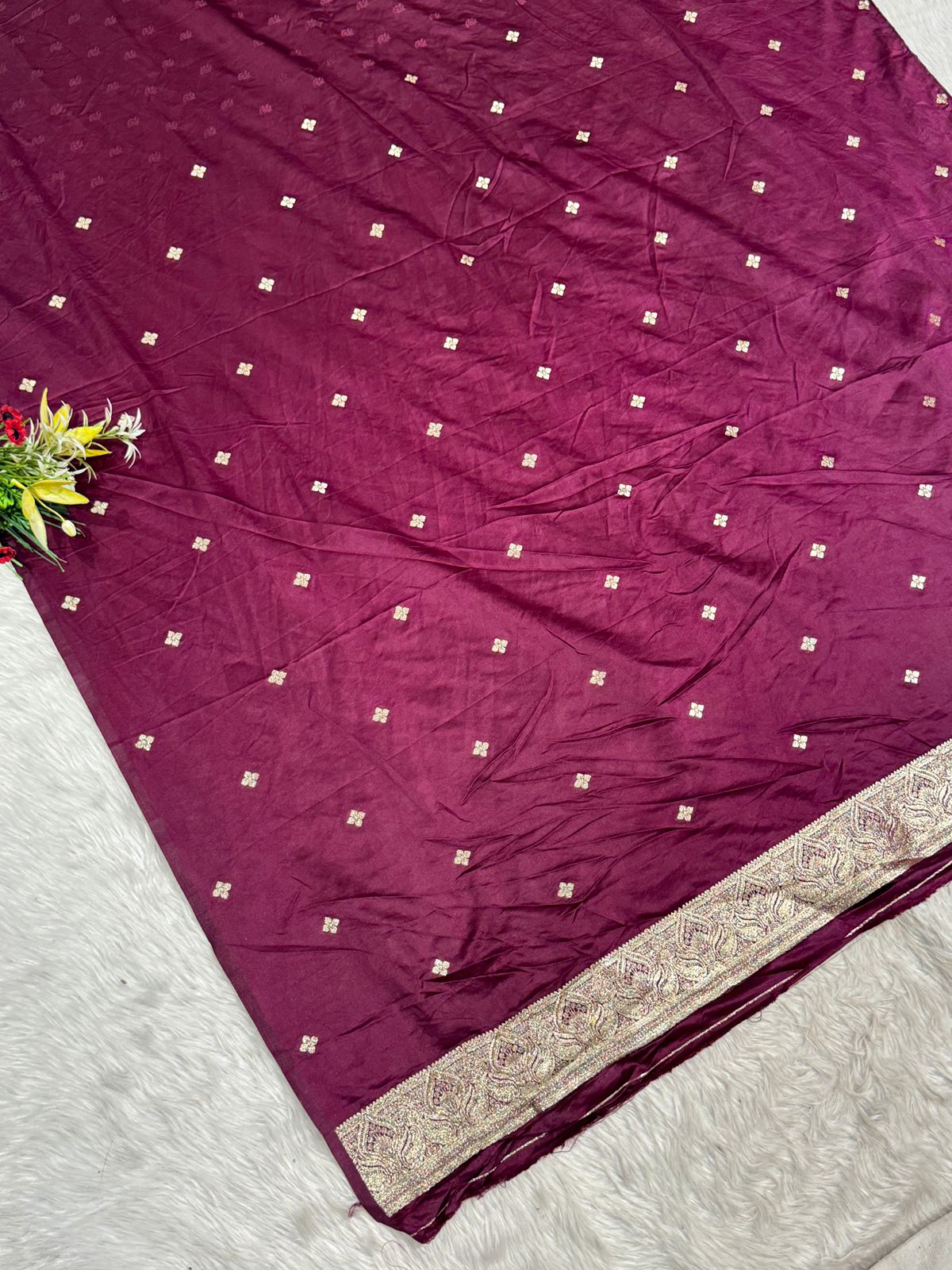 Premium Satin Embroidered Saree with Zari Border & Tassel Pallu – Shagun Sarees Exclusive ✨