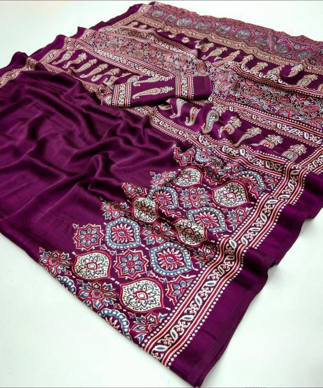 Ajrakh Print Saree with Handblock Floral & Geometric Motifs 🌿 | Lightweight Ethnic Saree for Daily & Festive Wear | Shagun Sarees & Zankhi Boutique