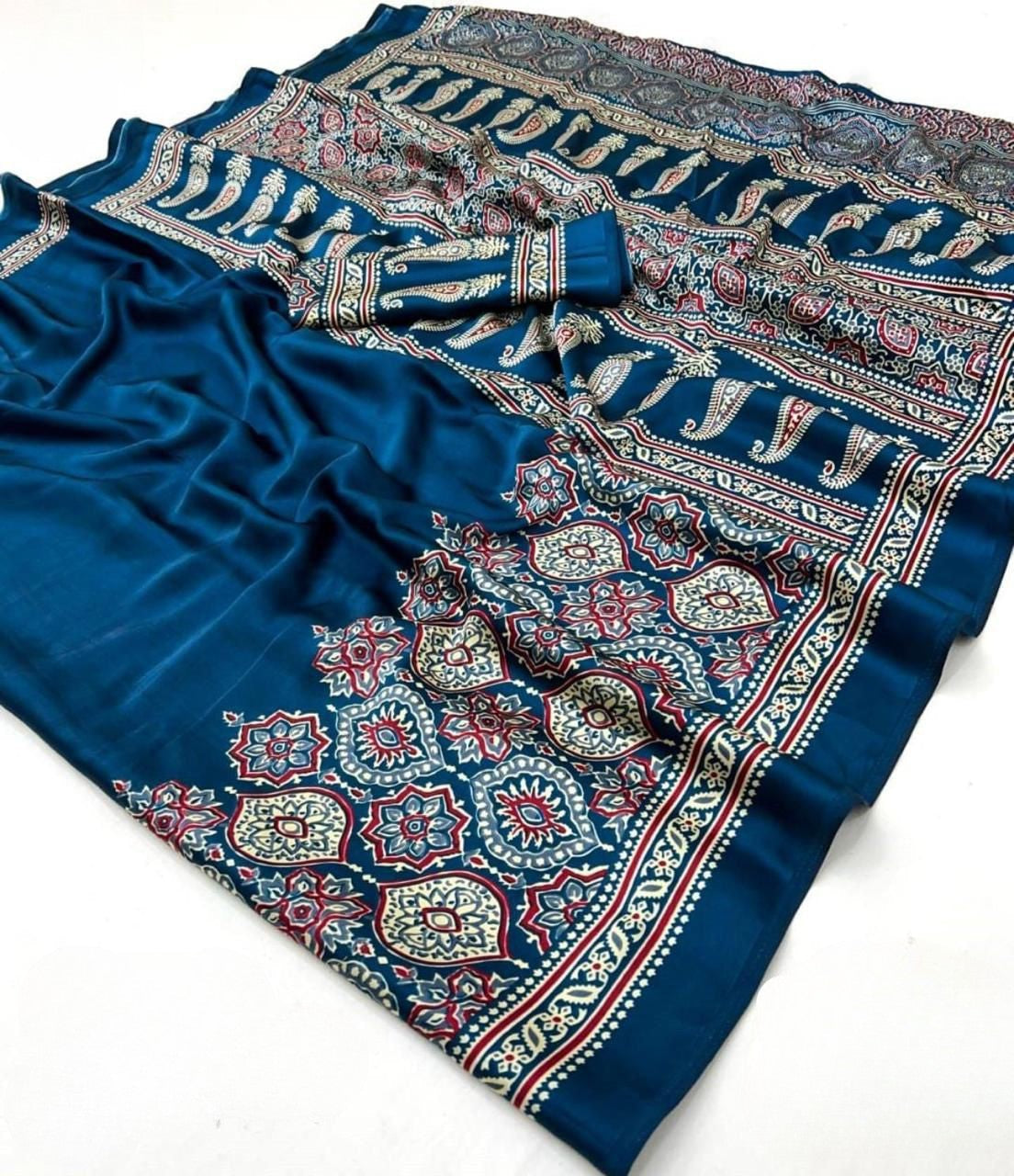Ajrakh Print Saree with Handblock Floral & Geometric Motifs 🌿 | Lightweight Ethnic Saree for Daily & Festive Wear | Shagun Sarees & Zankhi Boutique