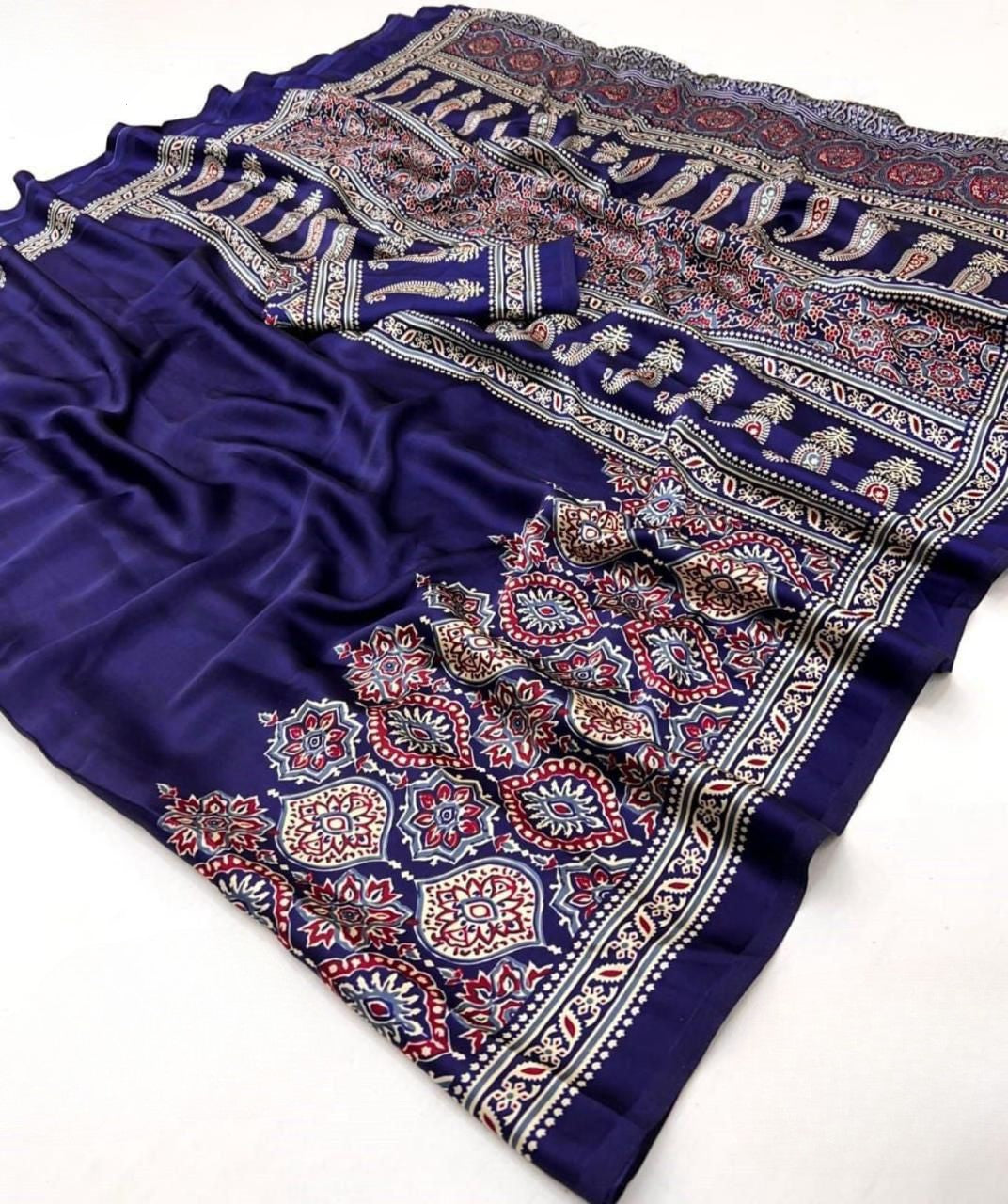 Ajrakh Print Saree with Handblock Floral & Geometric Motifs 🌿 | Lightweight Ethnic Saree for Daily & Festive Wear | Shagun Sarees & Zankhi Boutique