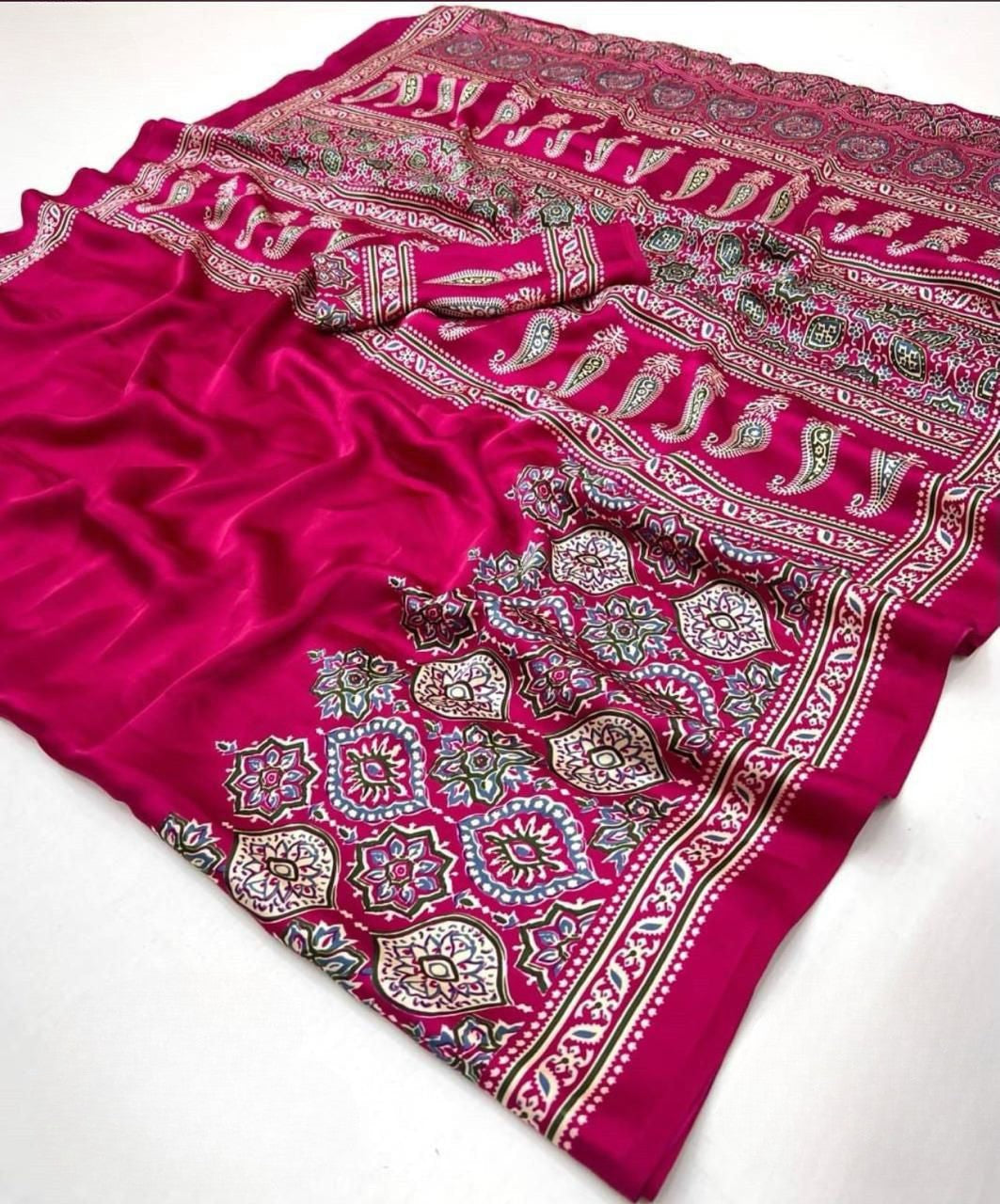 Ajrakh Print Saree with Handblock Floral & Geometric Motifs 🌿 | Lightweight Ethnic Saree for Daily & Festive Wear | Shagun Sarees & Zankhi Boutique