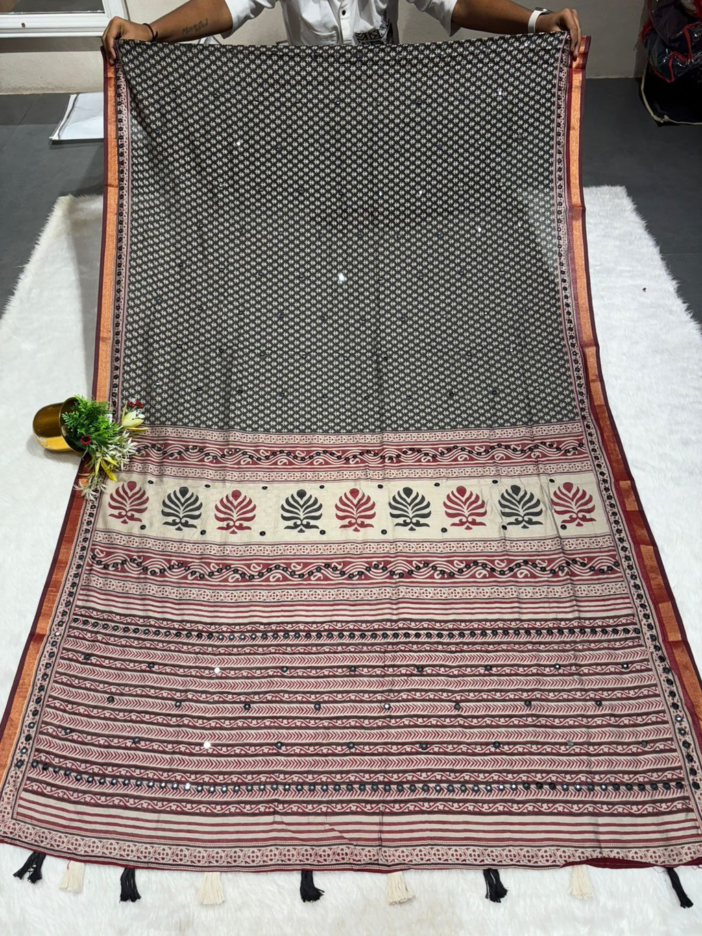 ✨ Elegant Mal Cotton Ajrakh Print Saree with Mirror Work & Zari Border | Festive & Daily Wear | Shagun Sarees Exclusive