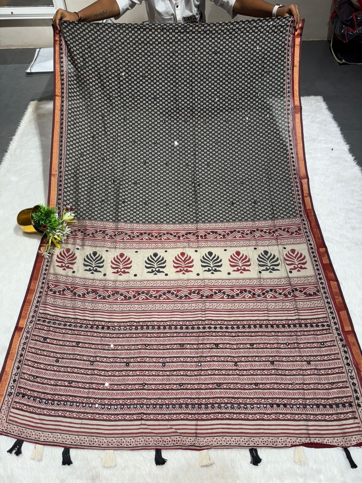 ✨ Elegant Mal Cotton Ajrakh Print Saree with Mirror Work & Zari Border | Festive & Daily Wear | Shagun Sarees Exclusive