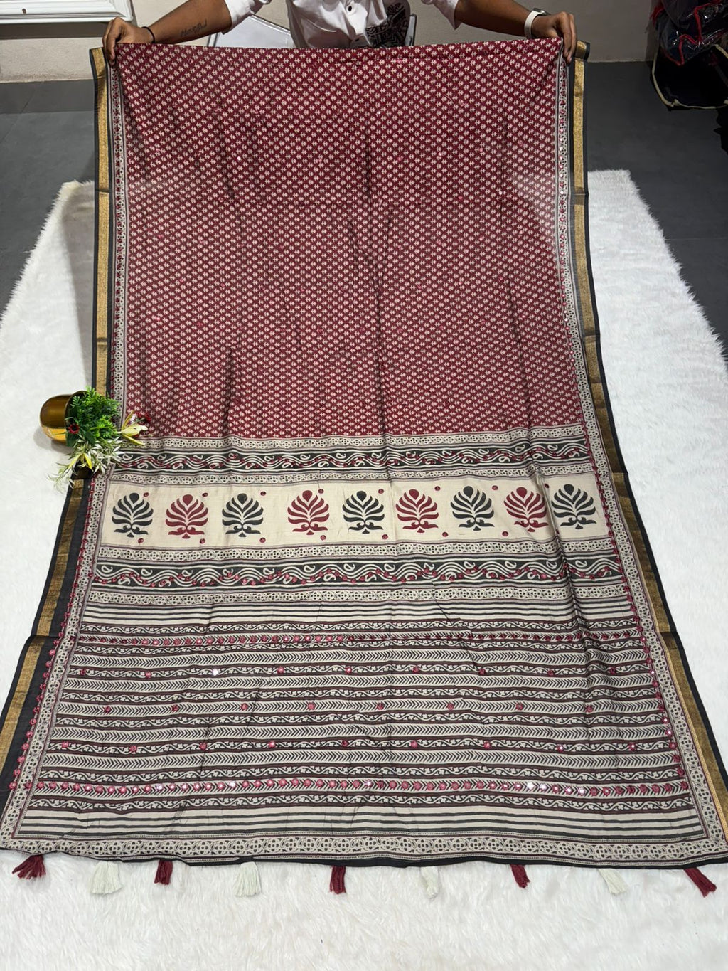 ✨ Elegant Mal Cotton Ajrakh Print Saree with Mirror Work & Zari Border | Festive & Daily Wear | Shagun Sarees Exclusive