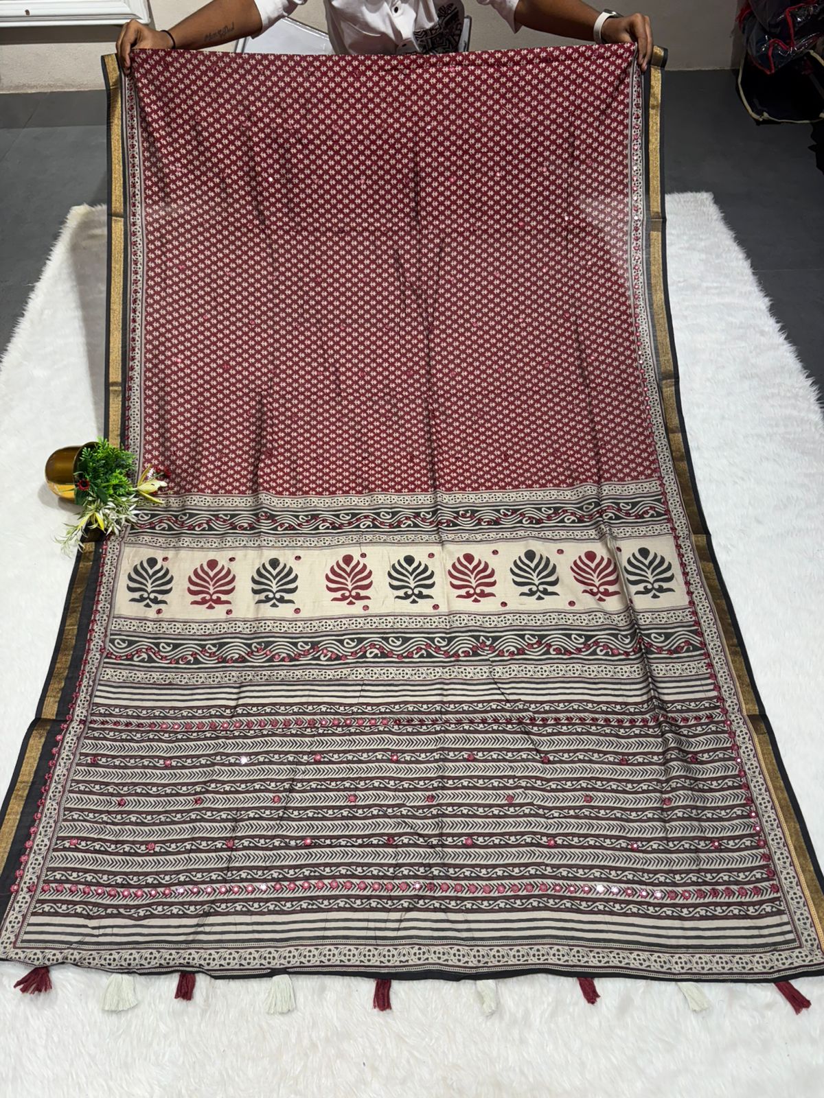 ✨ Elegant Mal Cotton Ajrakh Print Saree with Mirror Work & Zari Border | Festive & Daily Wear | Shagun Sarees Exclusive