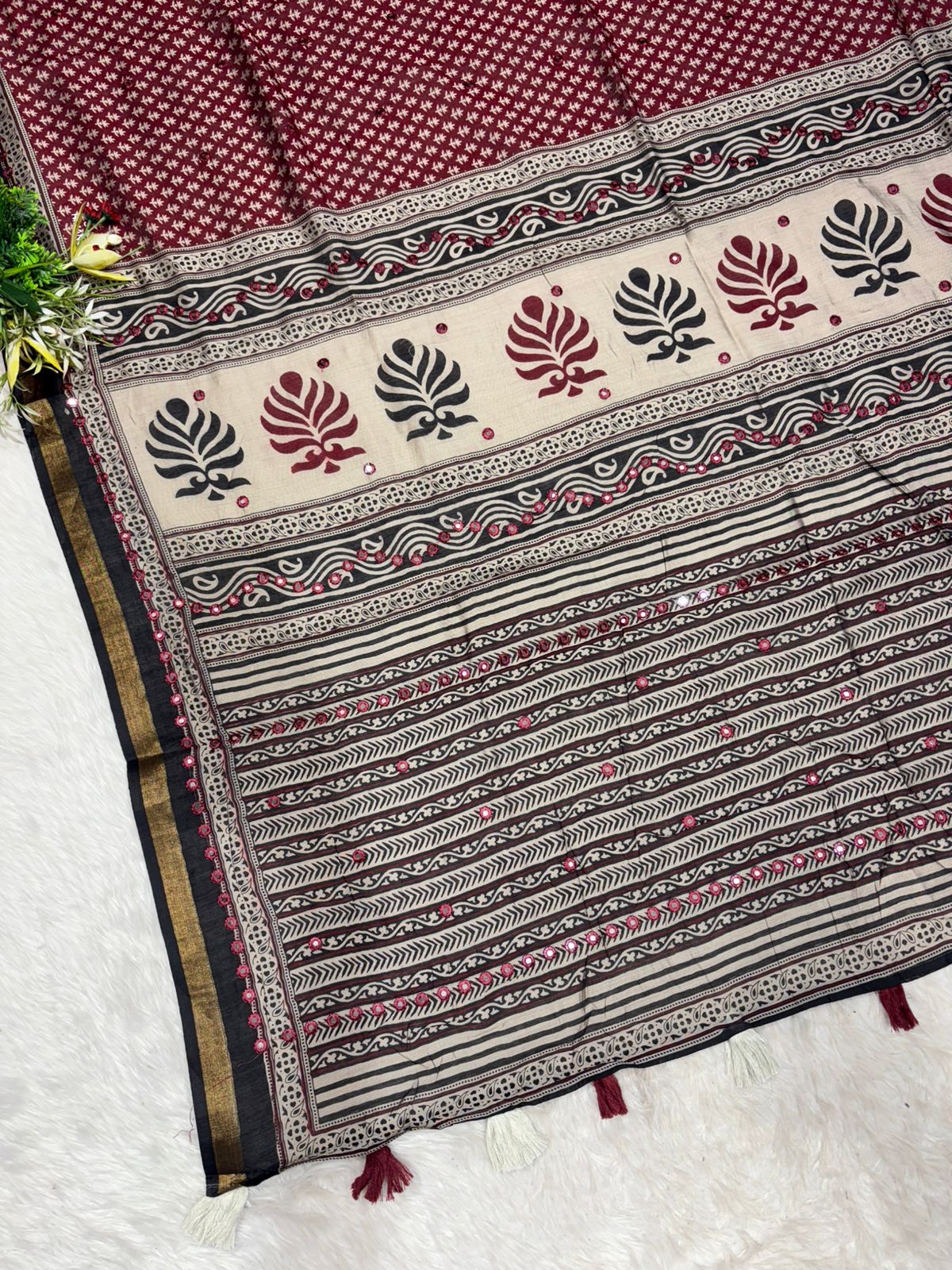 ✨ Elegant Mal Cotton Ajrakh Print Saree with Mirror Work & Zari Border | Festive & Daily Wear | Shagun Sarees Exclusive