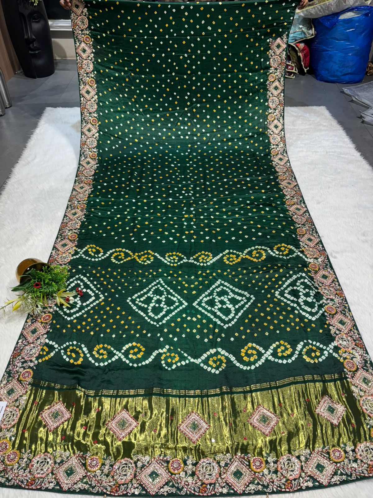 🪔 Traditional Bandhani Saree with Kachhi Embroidery & Mirror Work | Festive & Wedding Wear