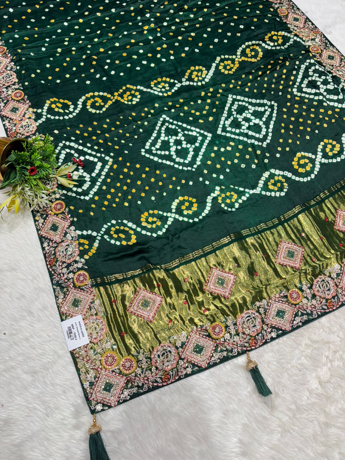 🪔 Traditional Bandhani Saree with Kachhi Embroidery & Mirror Work | Festive & Wedding Wear