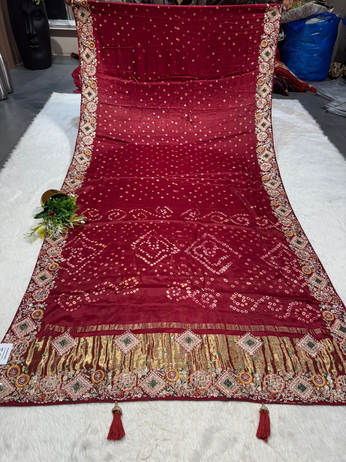 🪔 Traditional Bandhani Saree with Kachhi Embroidery & Mirror Work | Festive & Wedding Wear
