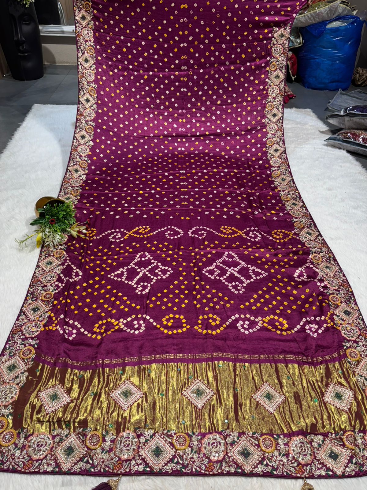 🪔 Traditional Bandhani Saree with Kachhi Embroidery & Mirror Work | Festive & Wedding Wear