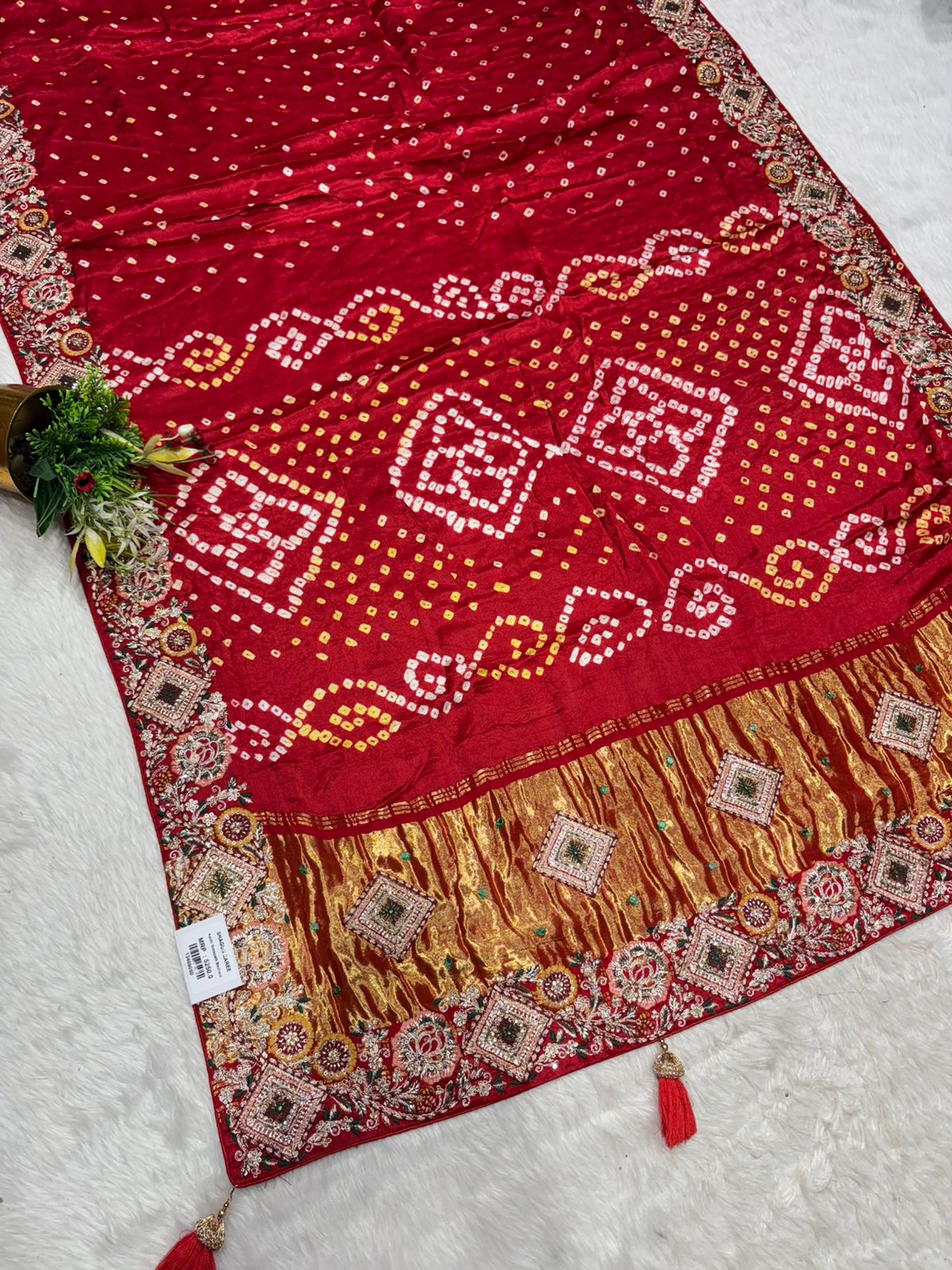 🪔 Traditional Bandhani Saree with Kachhi Embroidery & Mirror Work | Festive & Wedding Wear