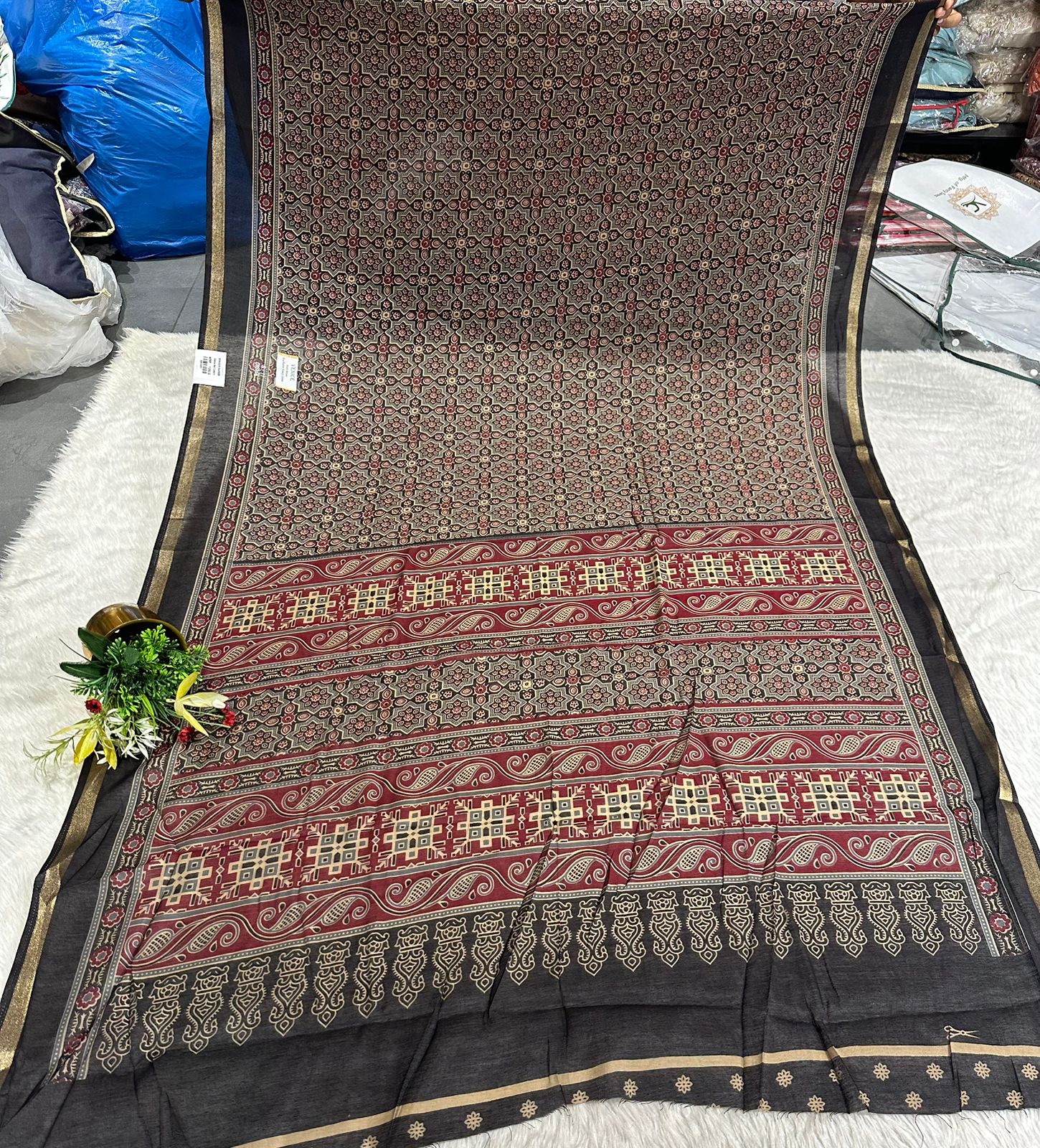 Elegant Ajrakh Print Soft Cotton Saree with Traditional Motifs & Rich Pallu – Shagun Sarees Exclusive 🌿