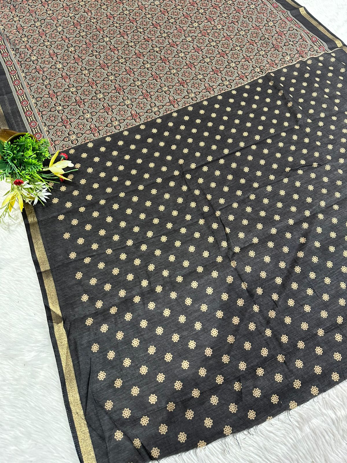 Elegant Ajrakh Print Soft Cotton Saree with Traditional Motifs & Rich Pallu – Shagun Sarees Exclusive 🌿