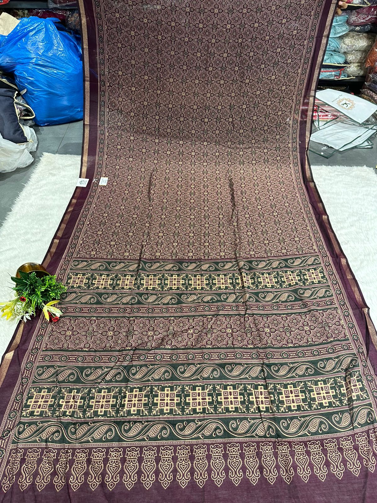 Elegant Ajrakh Print Soft Cotton Saree with Traditional Motifs & Rich Pallu – Shagun Sarees Exclusive 🌿