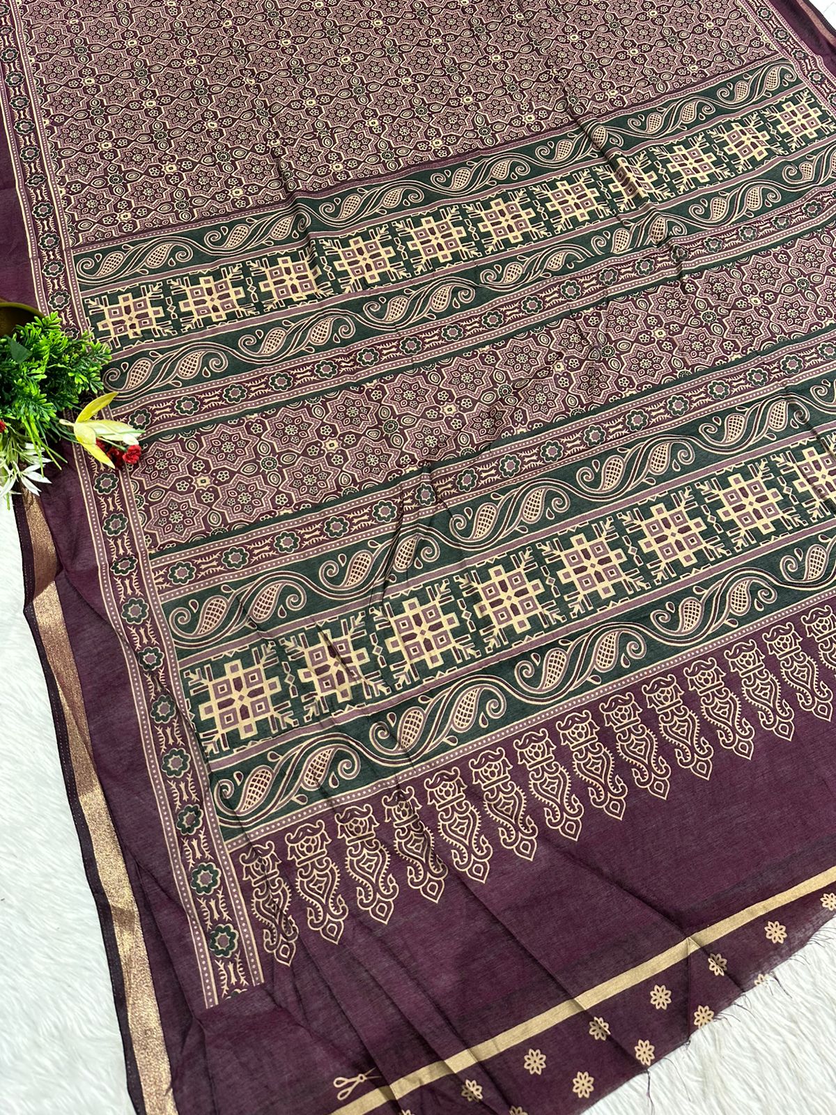 Elegant Ajrakh Print Soft Cotton Saree with Traditional Motifs & Rich Pallu – Shagun Sarees Exclusive 🌿