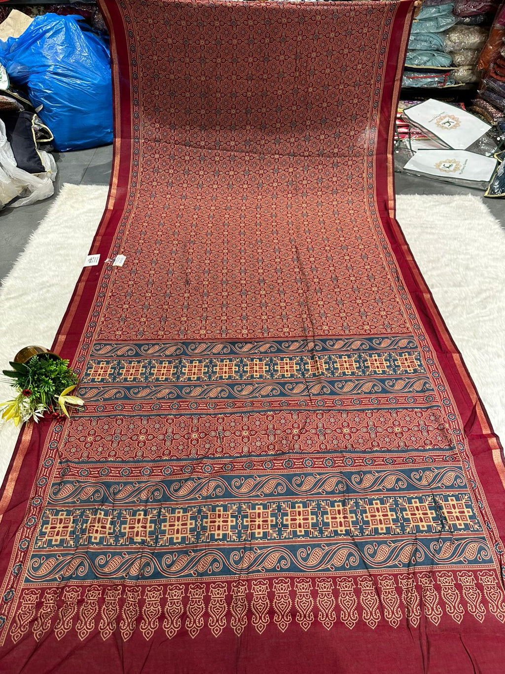Elegant Ajrakh Print Soft Cotton Saree with Traditional Motifs & Rich Pallu – Shagun Sarees Exclusive 🌿