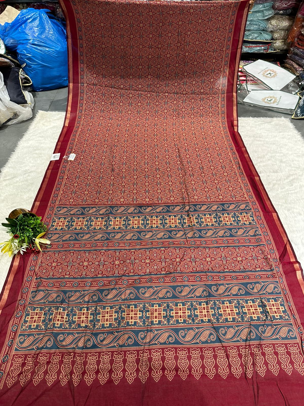 Elegant Ajrakh Print Soft Cotton Saree with Traditional Motifs & Rich Pallu – Shagun Sarees Exclusive 🌿
