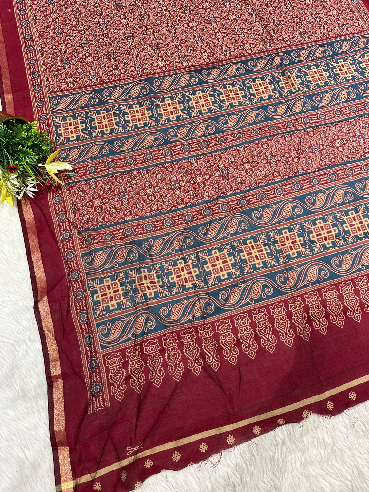 Elegant Ajrakh Print Soft Cotton Saree with Traditional Motifs & Rich Pallu – Shagun Sarees Exclusive 🌿