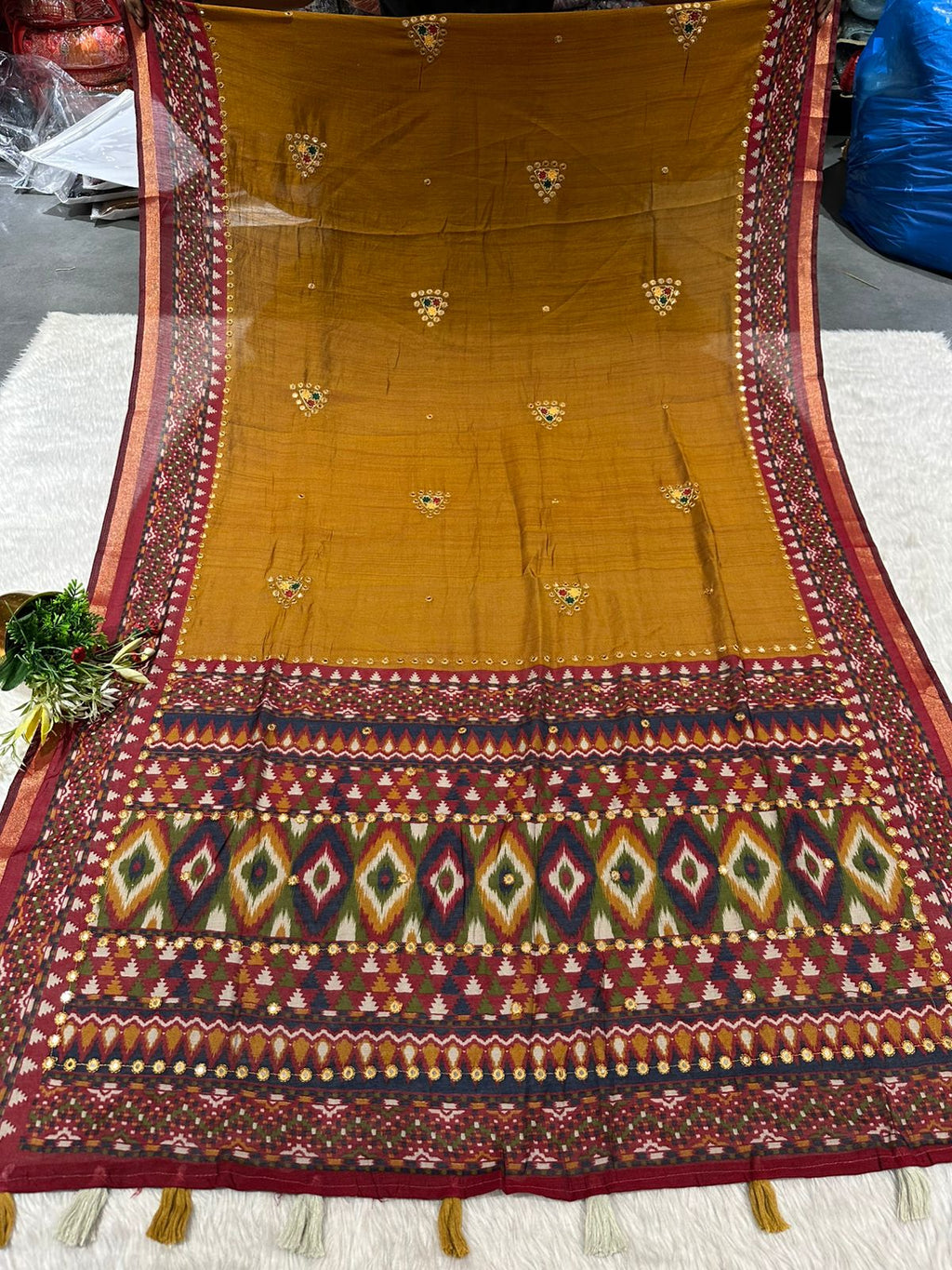 Elegant Mal Cotton Saree with Mirror Work & Ikat Border ✨ | Shagun Fashion Exclusive