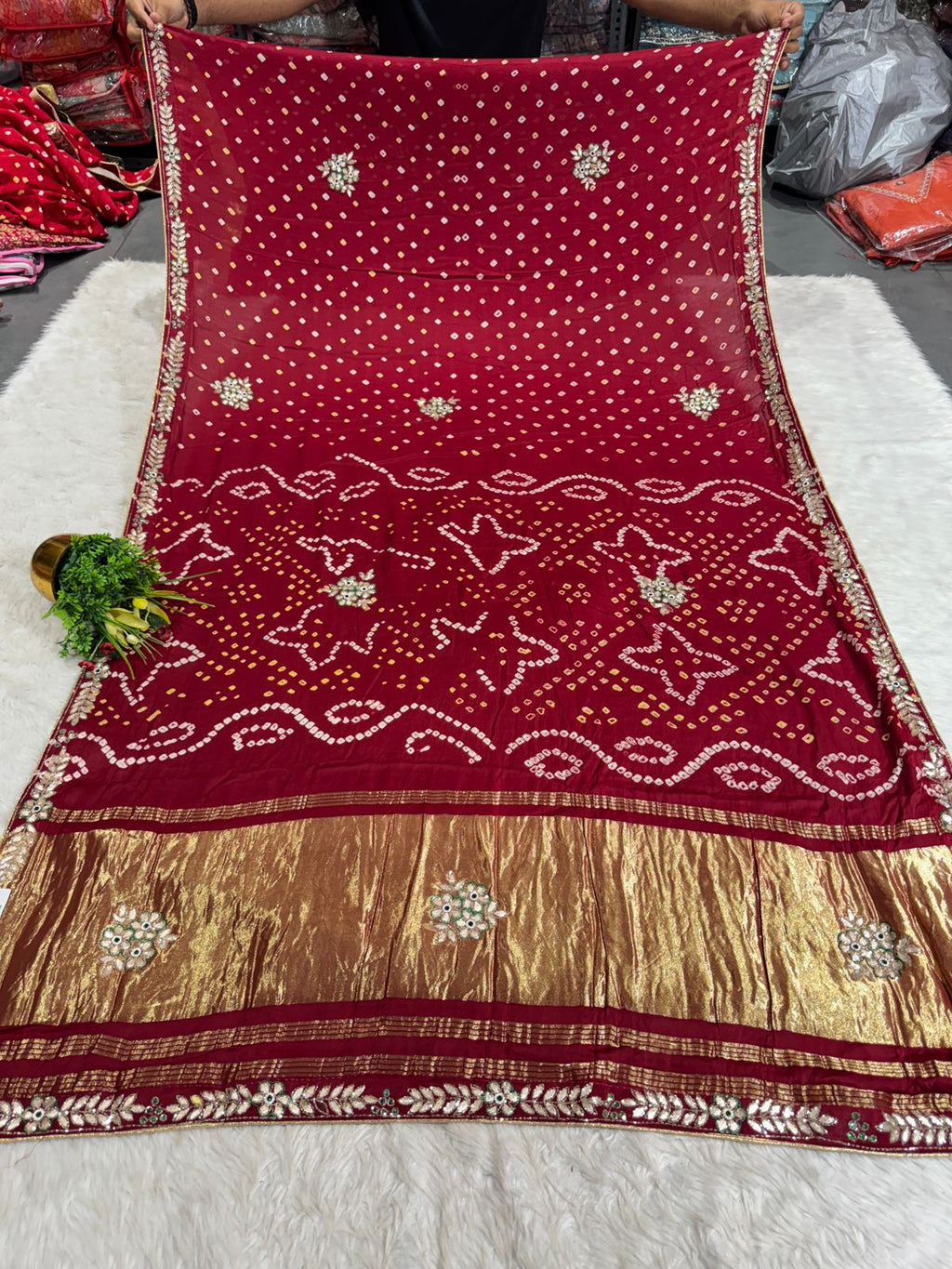 ✨ Maroon Bandhani Gota Patti Saree with Golden Pallu | Festive Wear Saree by Shagun Fashion 🪔
