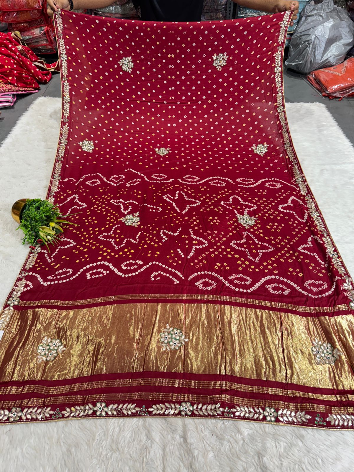 ✨ Maroon Bandhani Gota Patti Saree with Golden Pallu | Festive Wear Saree by Shagun Fashion 🪔