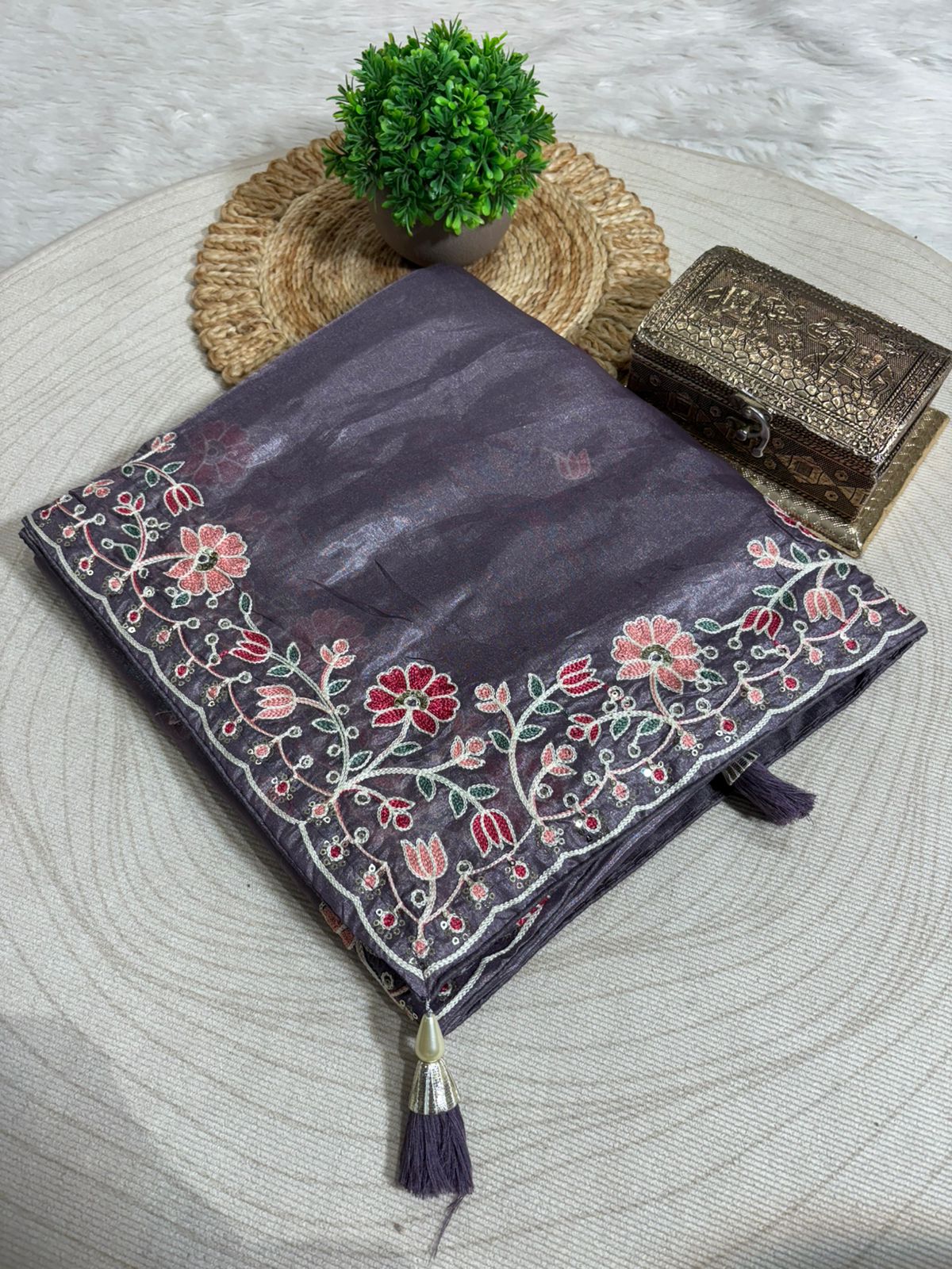 Elegant Floral Embroidered Party Wear Saree | Shagun Saree