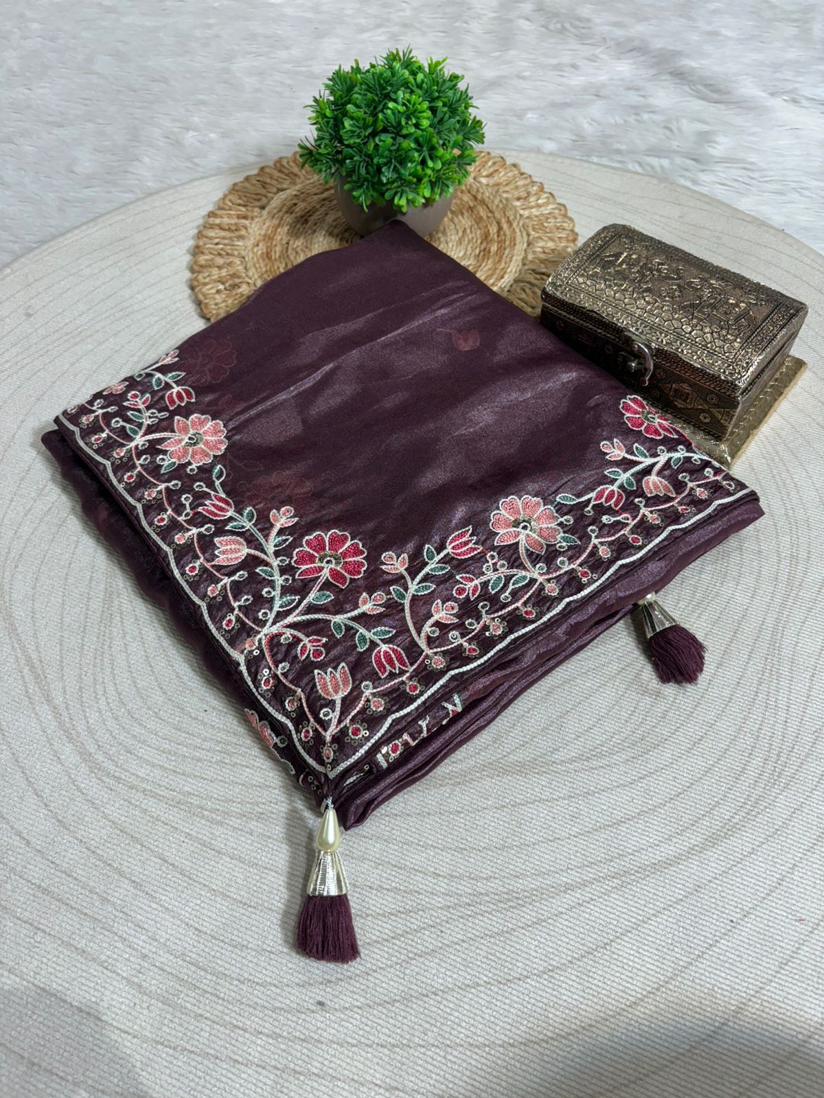 Elegant Floral Embroidered Party Wear Saree | Shagun Saree
