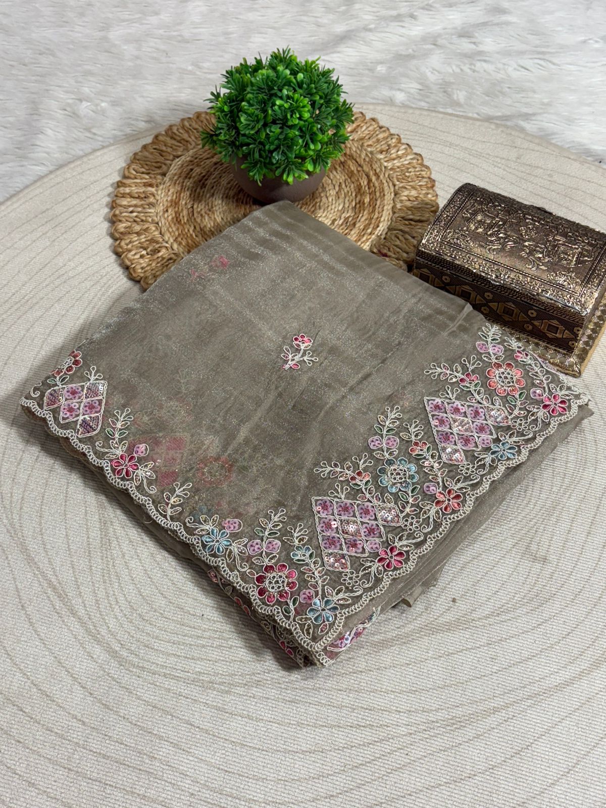 Elegant Organza Saree with Floral Zari Embroidery