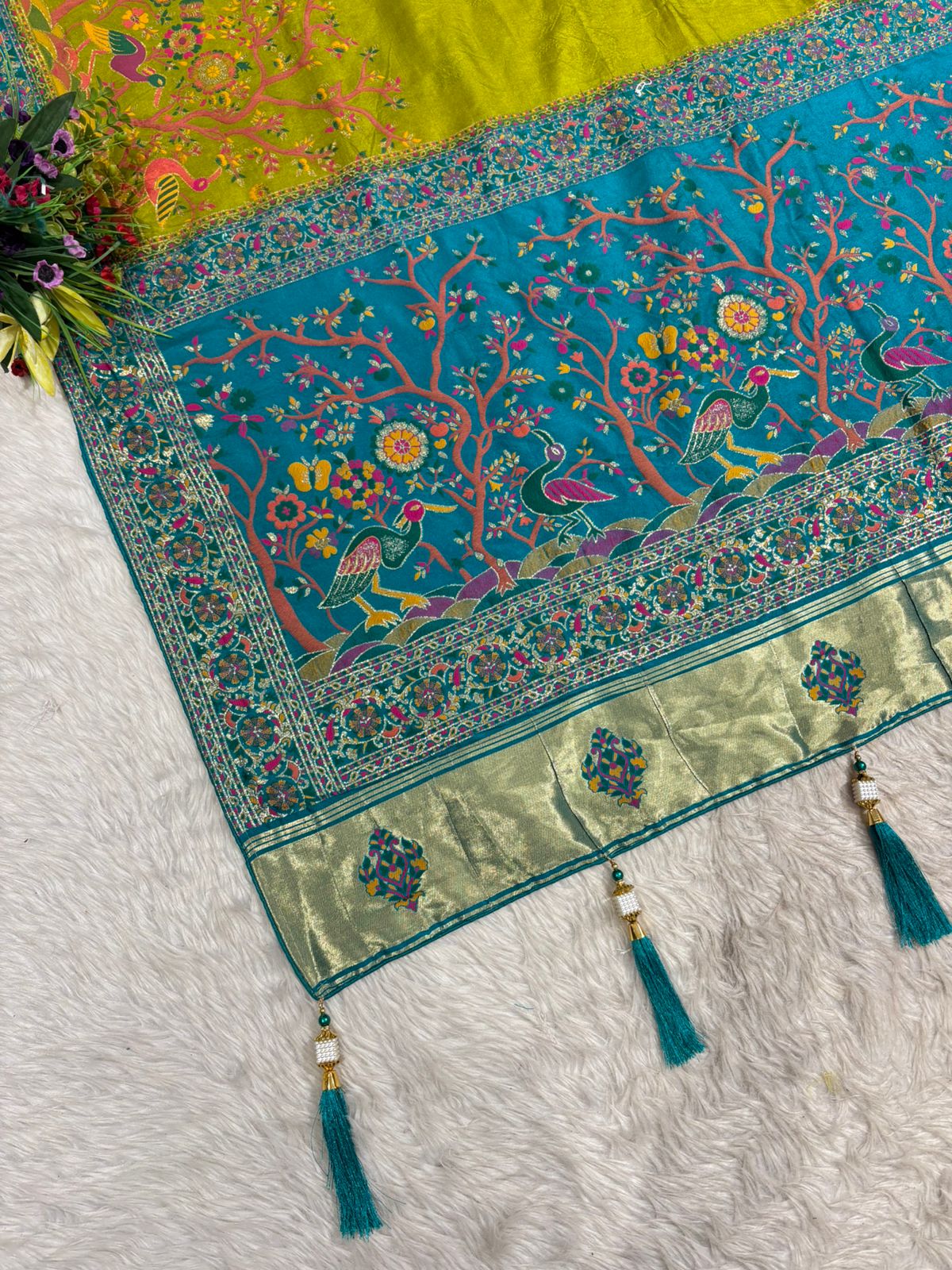Pashmina Saree with Peacock & Floral Pallu