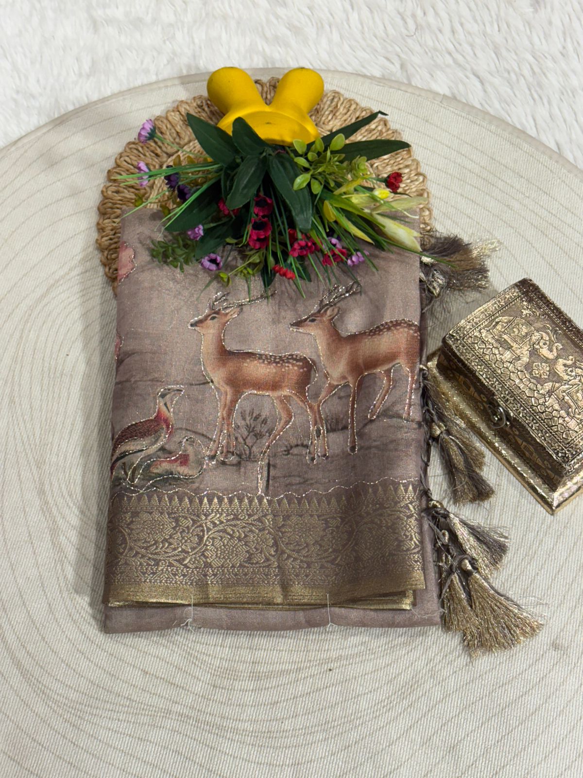 Tissue Silk Saree with Deer & Floral Embroidery