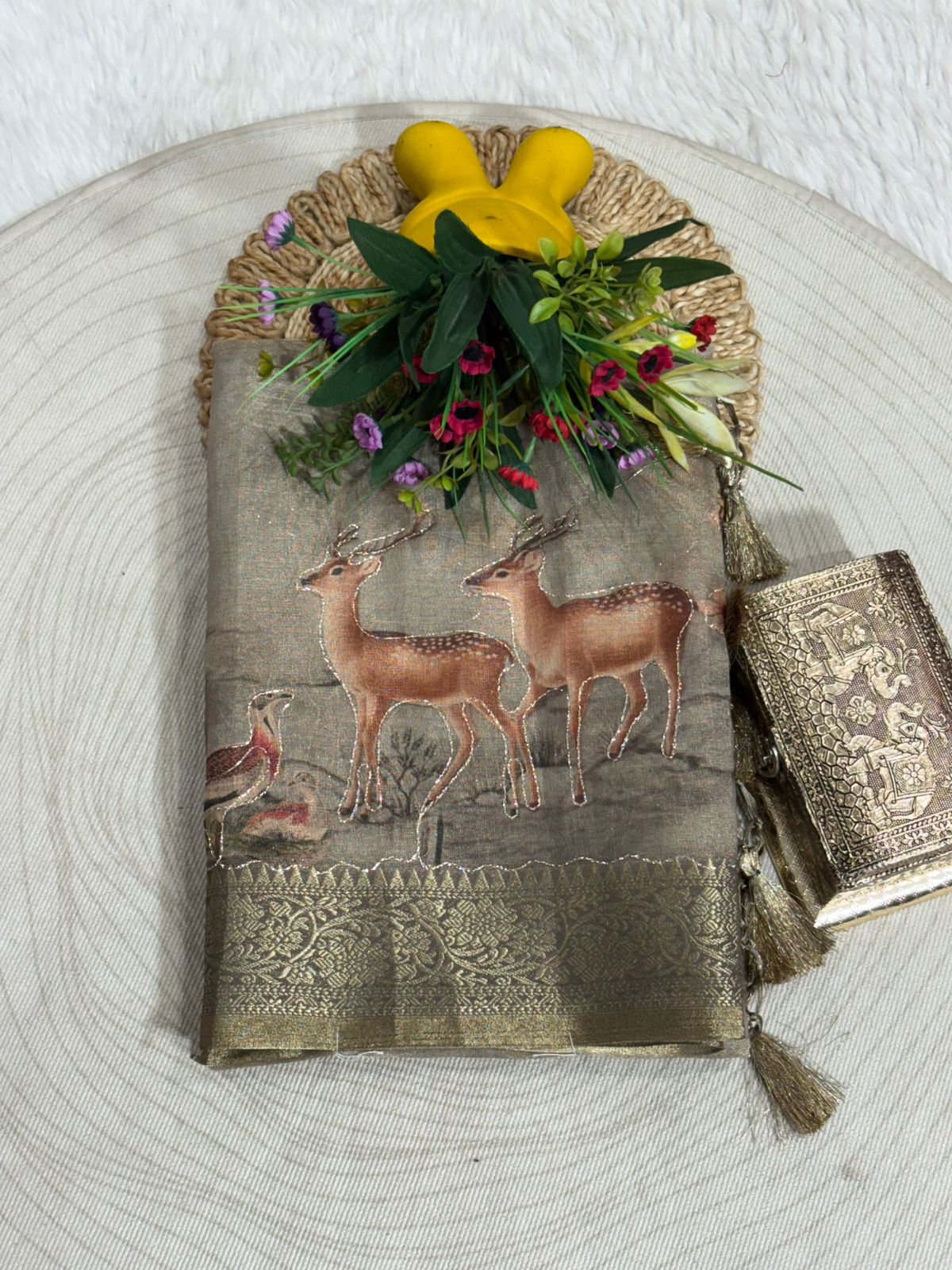 Tissue Silk Saree with Deer & Floral Embroidery