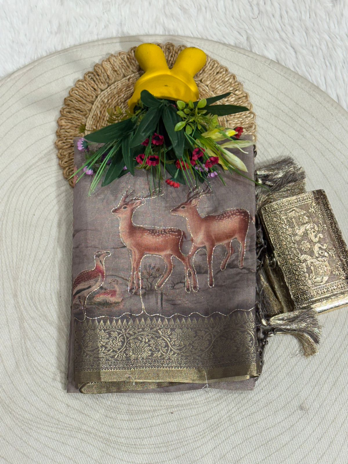 Tissue Silk Saree with Deer & Floral Embroidery