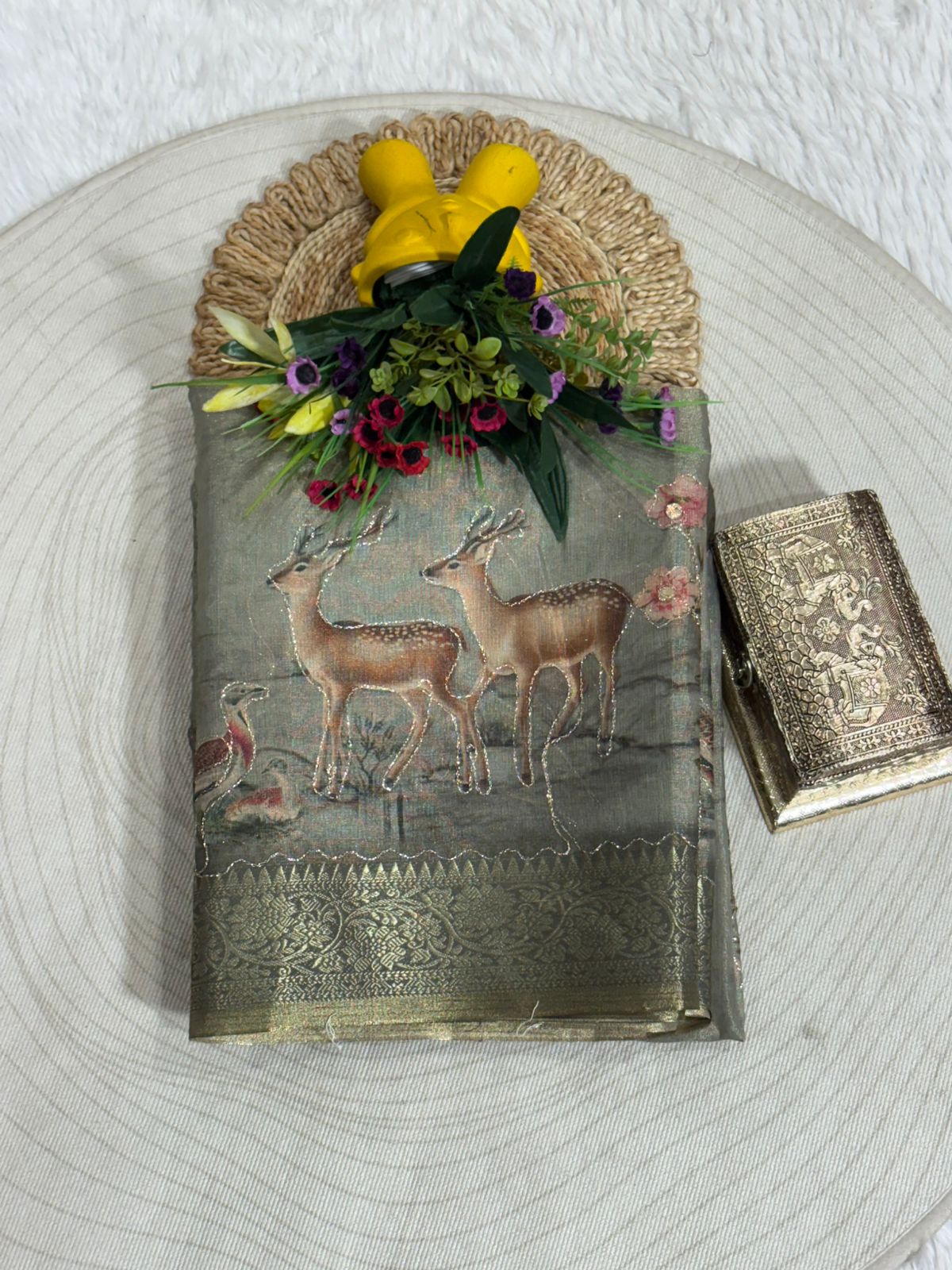 Tissue Silk Saree with Deer & Floral Embroidery