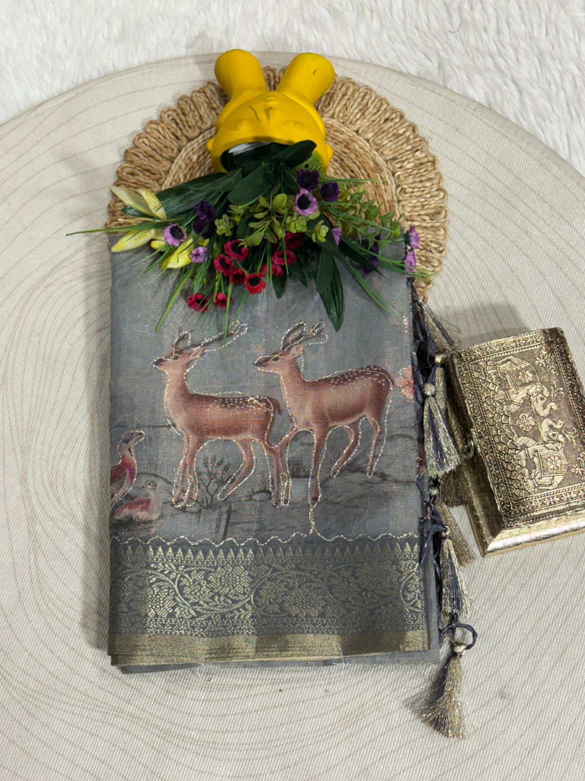 Tissue Silk Saree with Deer & Floral Embroidery