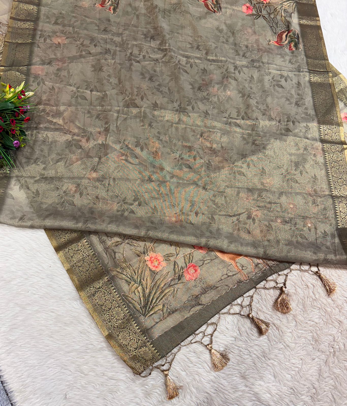 Tissue Silk Saree with Deer & Floral Embroidery