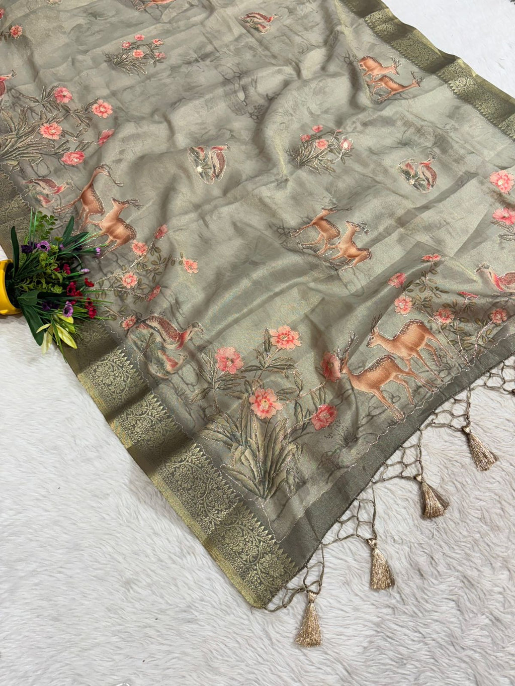 Tissue Silk Saree with Deer & Floral Embroidery