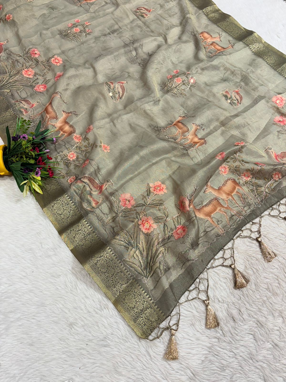 Tissue Silk Saree with Deer & Floral Embroidery