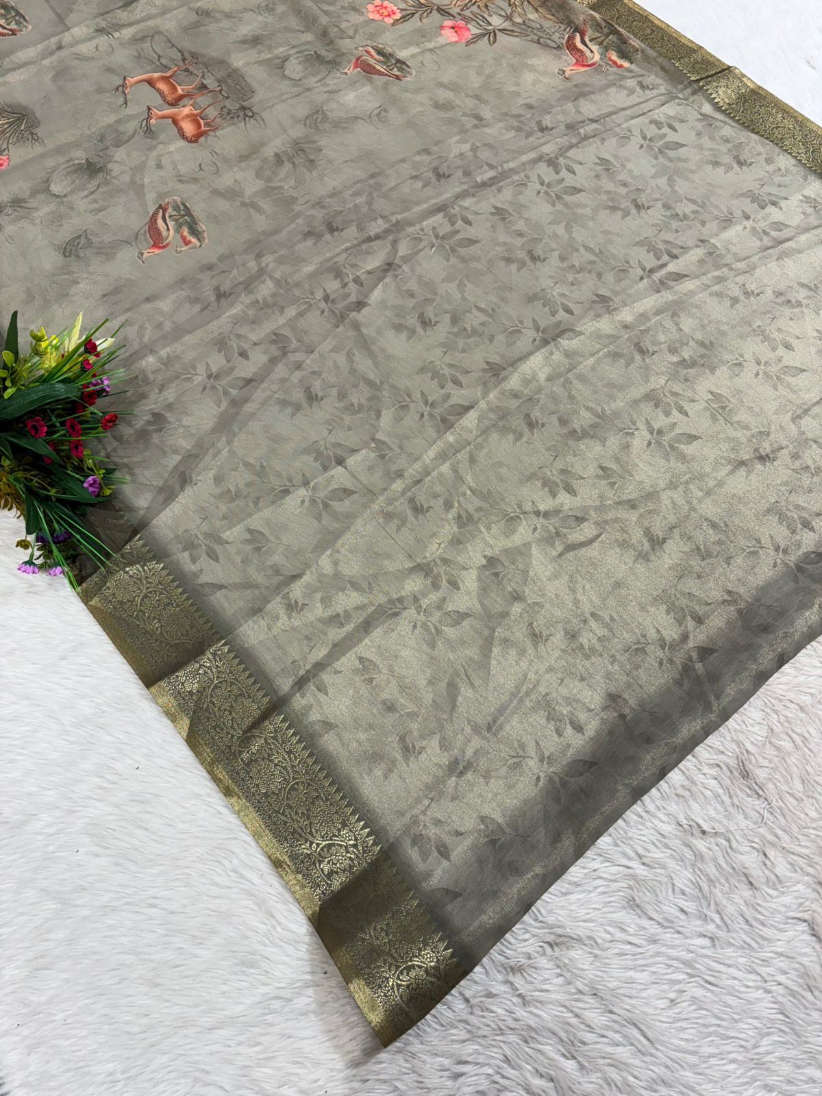 Tissue Silk Saree with Deer & Floral Embroidery