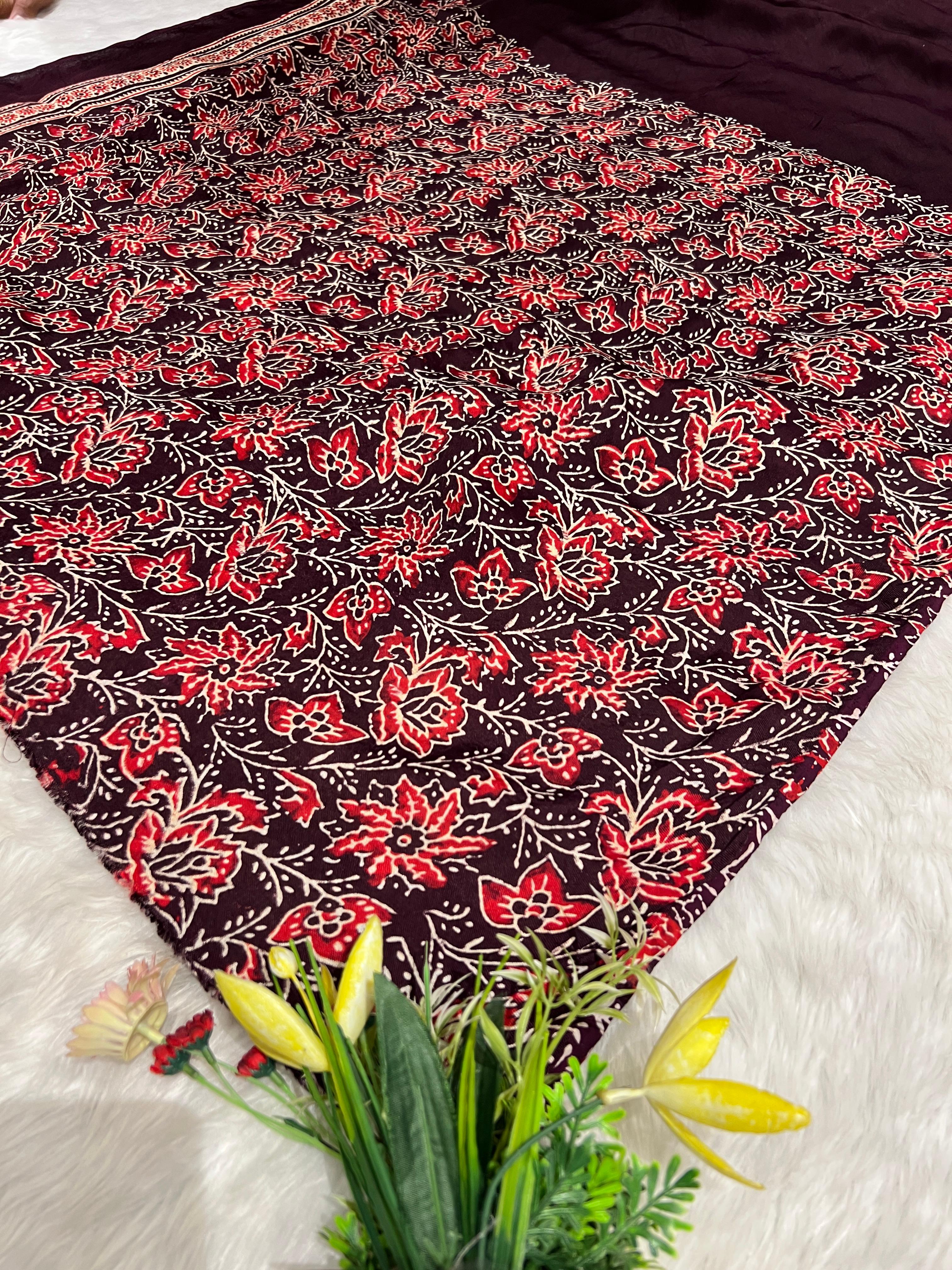 🧵 Elegant Maroon Ajrakh Print Saree 🌸 | Pallu with Lagdi Patto 💫 | Gala Border Beauty 💃 | Gujarat’s Timeless Weave 🇮🇳