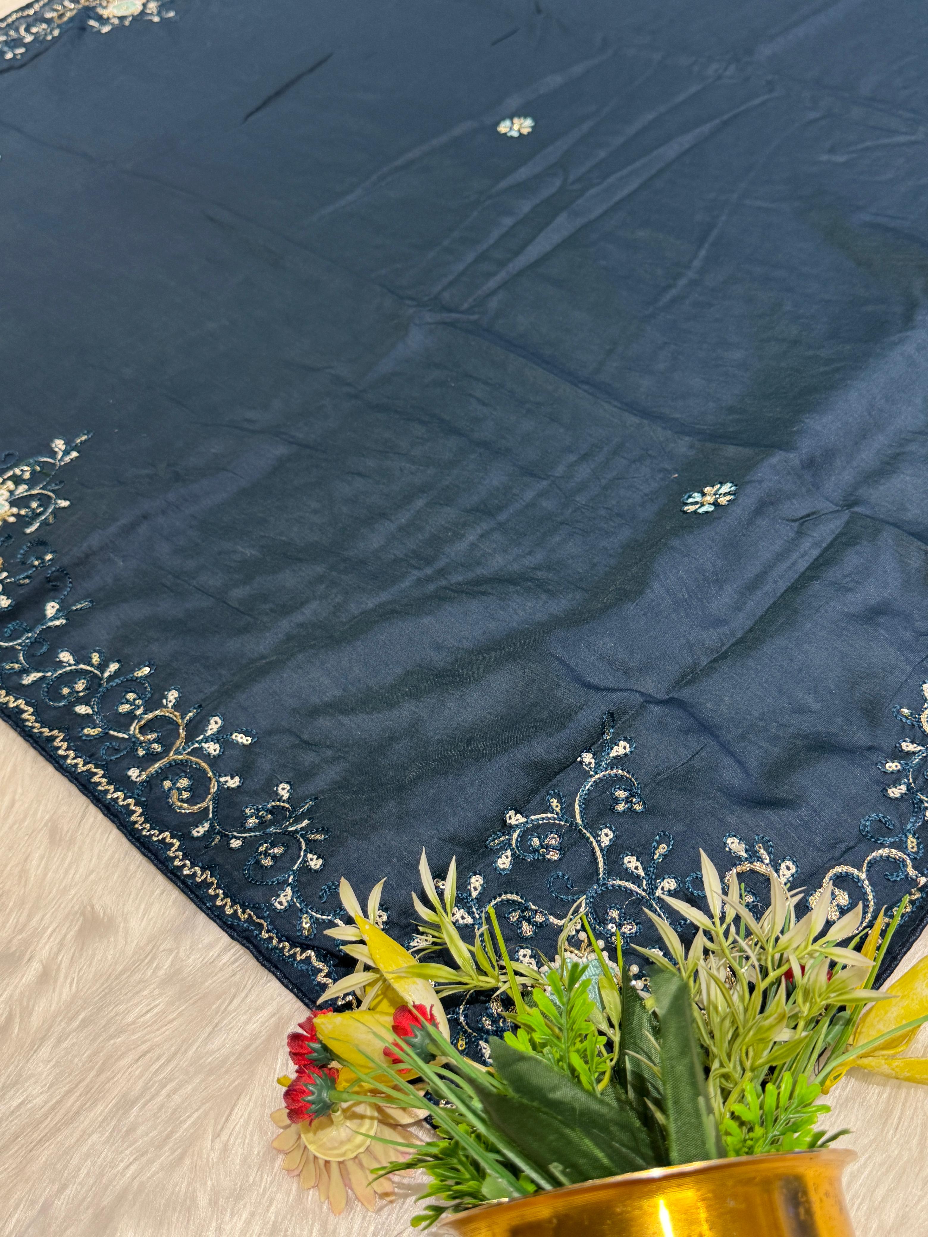 Elegant Saree with Border Work, Designer Moti & Contrast Blouse – Stunning Craftsmanship 🌟💫