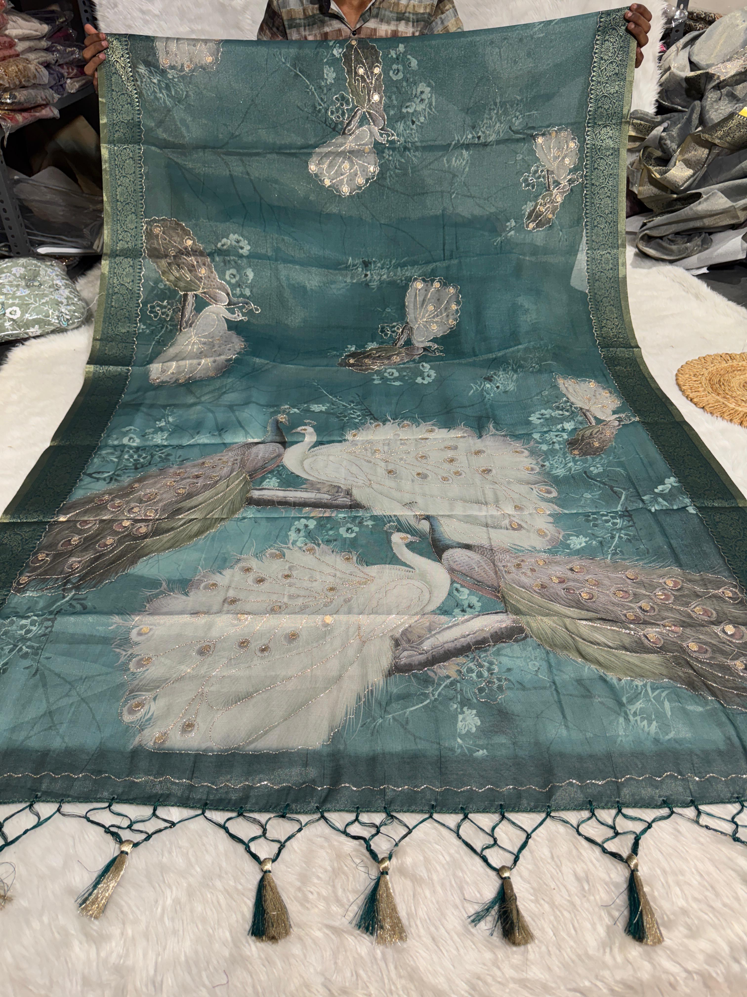✨Silky Tissue Saree with Jari Work 🪡 | Peacock Design 🦚 | Party Wear with Jalar Pallu 💃 | Gujarati Style 🌸