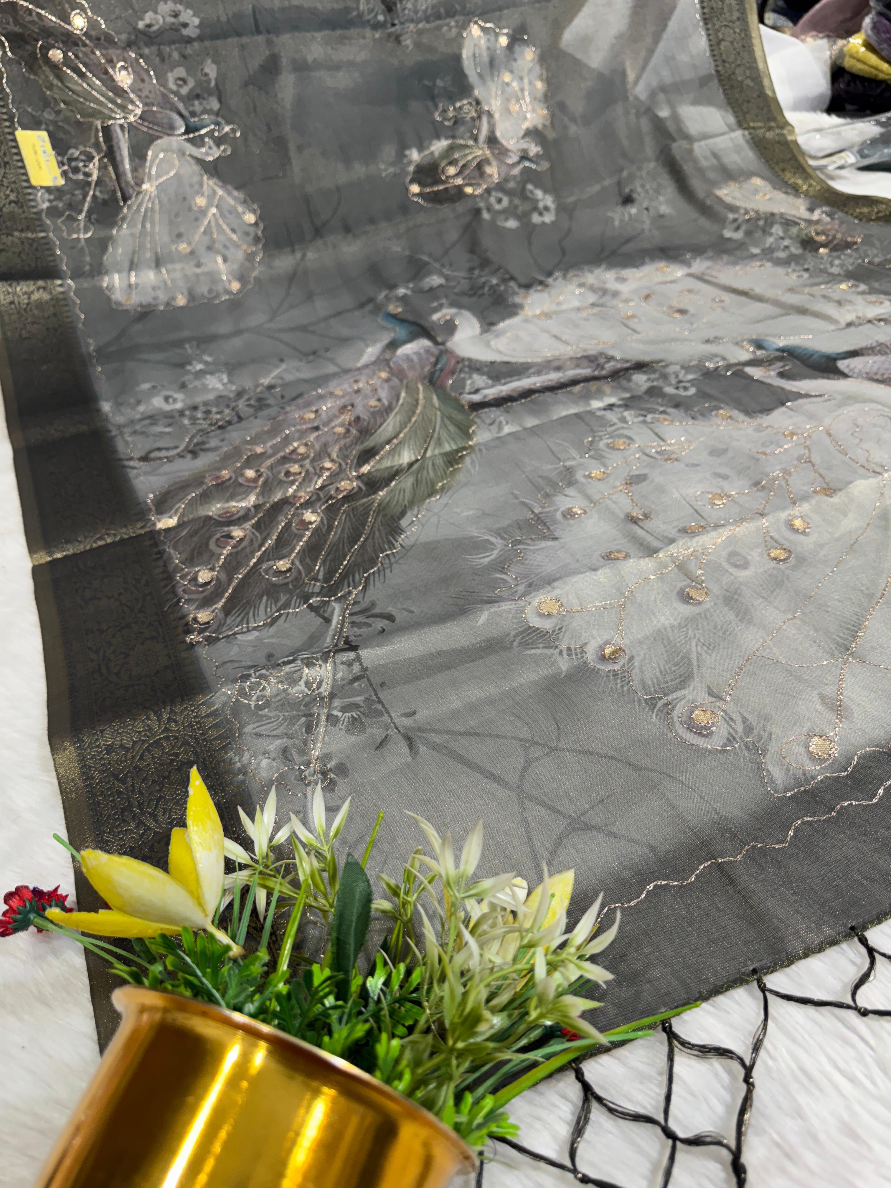 ✨Silky Tissue Saree with Jari Work 🪡 | Peacock Design 🦚 | Party Wear with Jalar Pallu 💃 | Gujarati Style 🌸