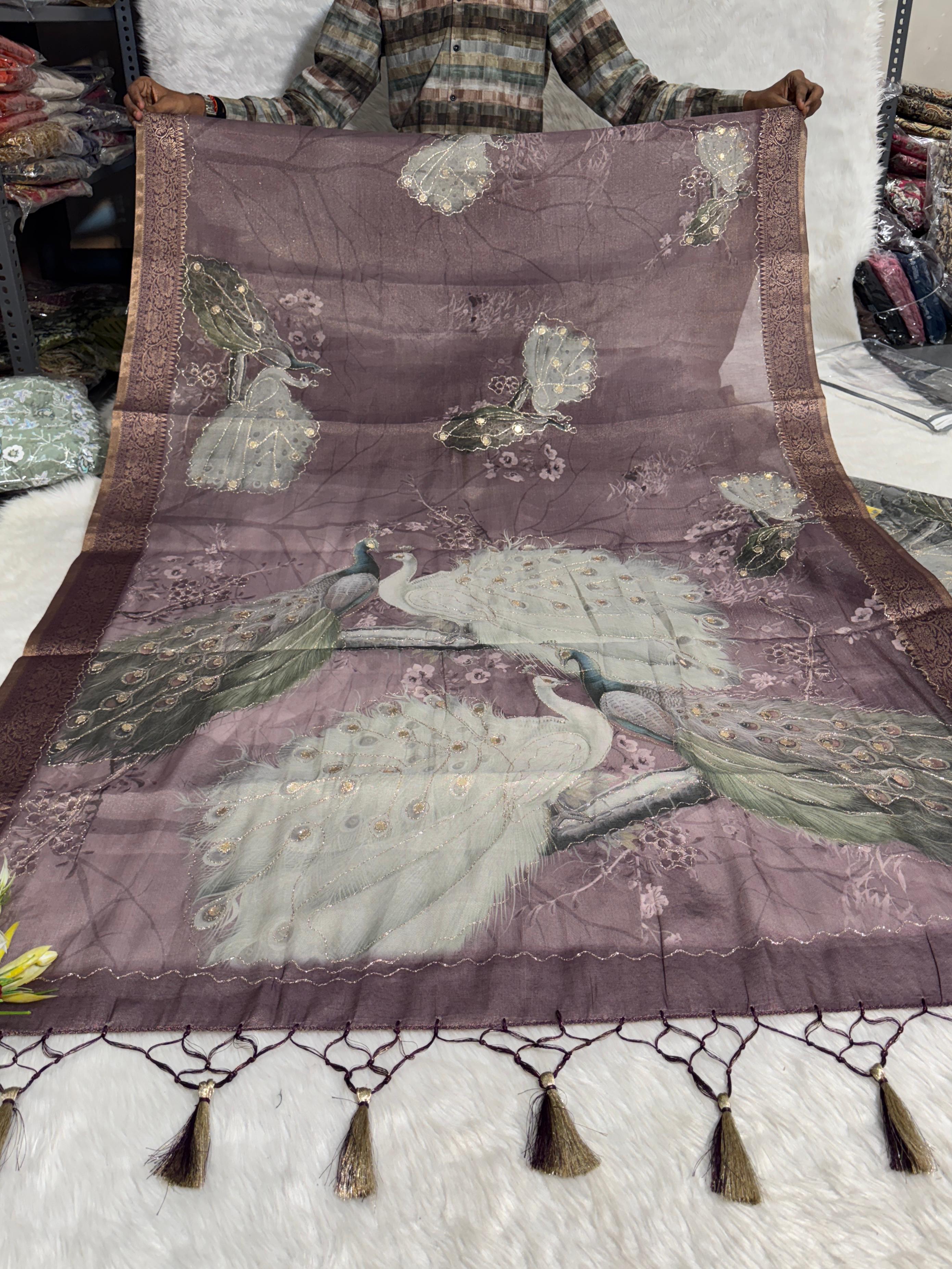 ✨Silky Tissue Saree with Jari Work 🪡 | Peacock Design 🦚 | Party Wear with Jalar Pallu 💃 | Gujarati Style 🌸