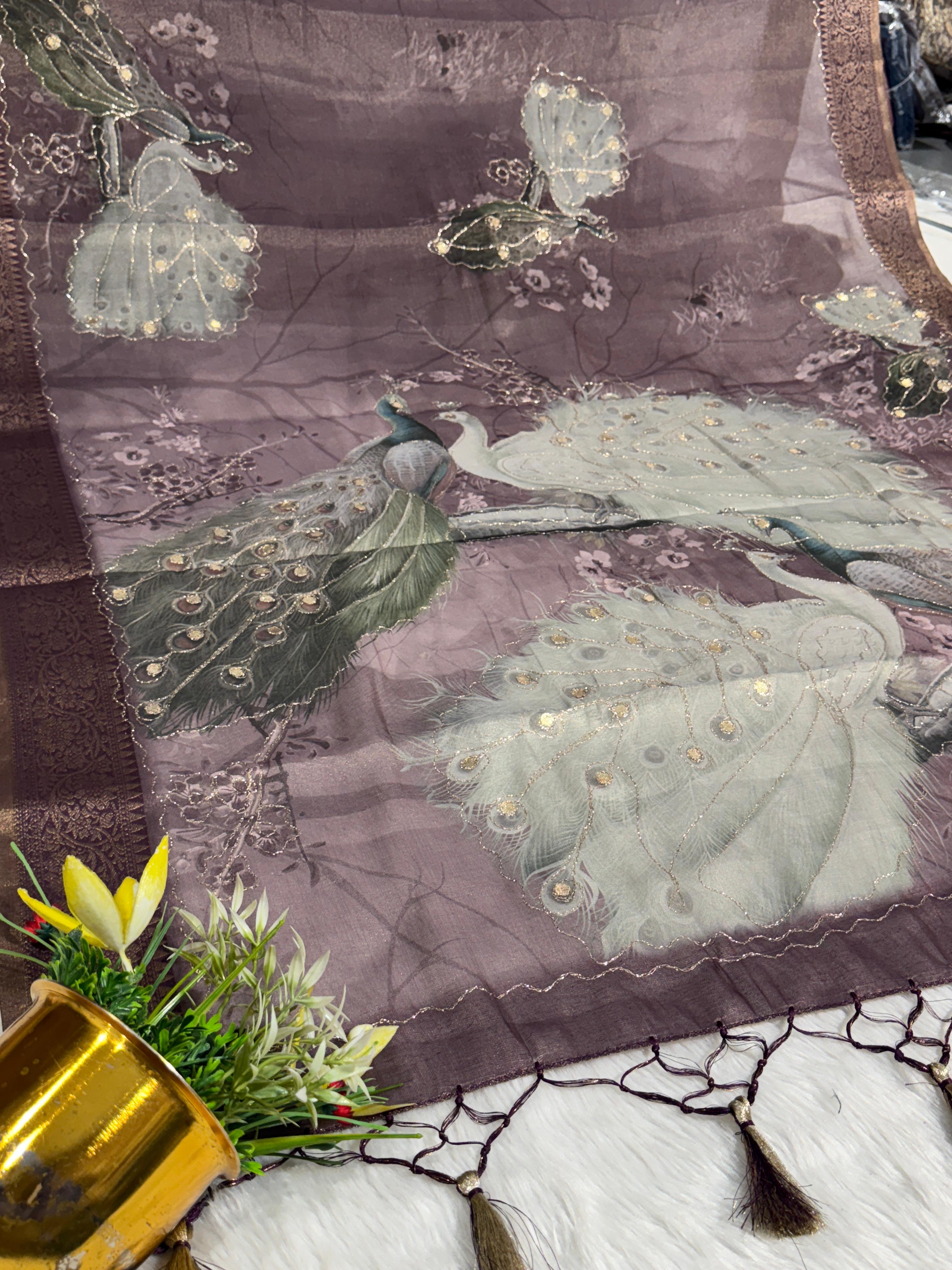 ✨Silky Tissue Saree with Jari Work 🪡 | Peacock Design 🦚 | Party Wear with Jalar Pallu 💃 | Gujarati Style 🌸